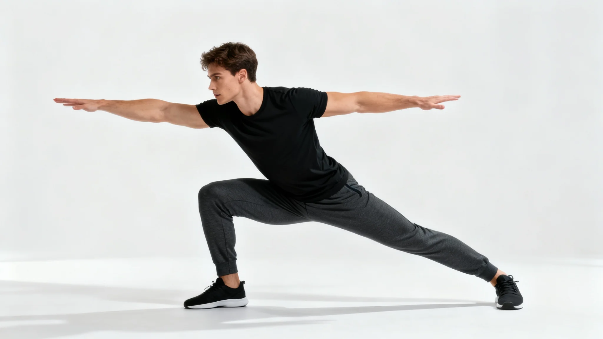 A photorealistic image of a man in an athletic, dynamic lunge pose, wearing a black t-shirt and grey pants against a stark white studio background.