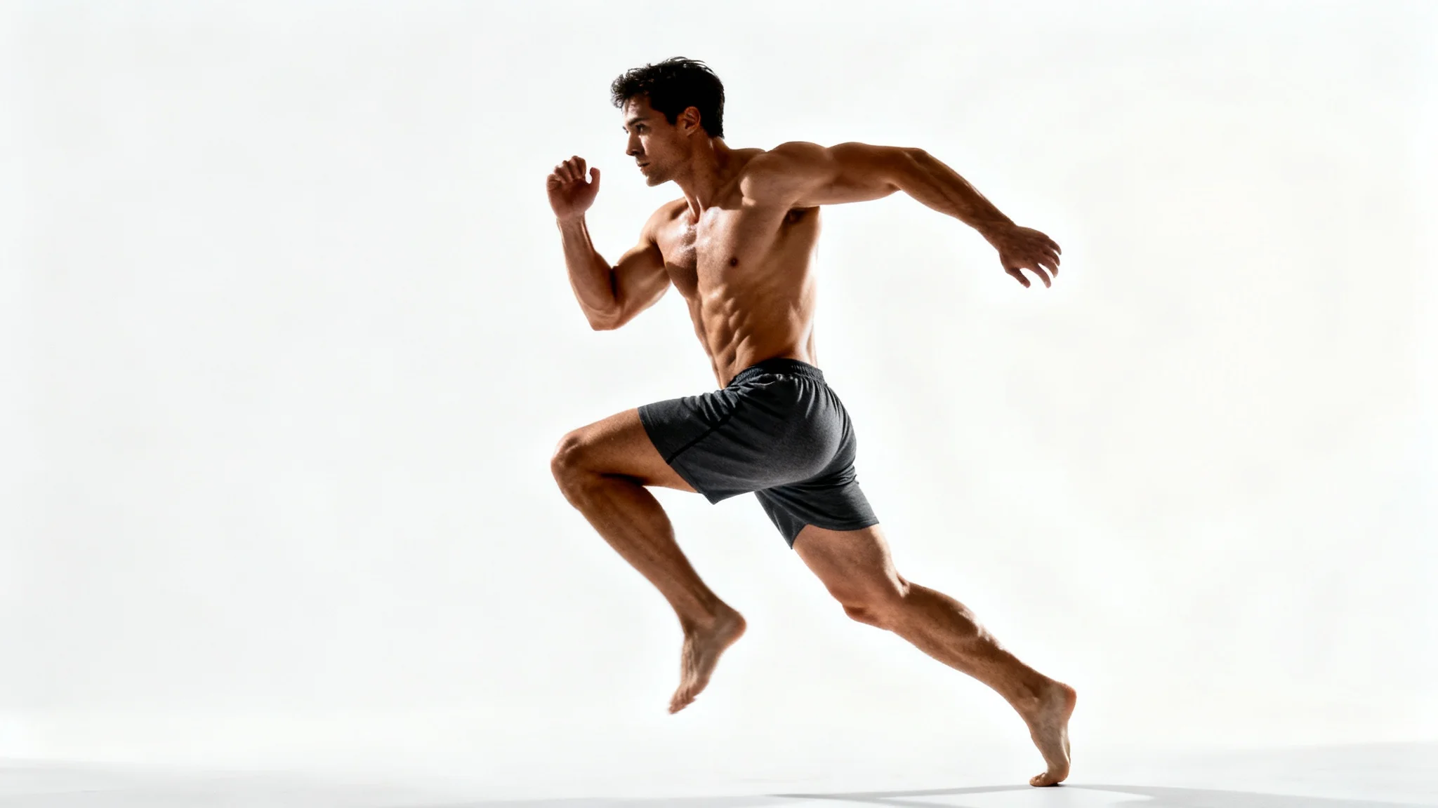 A photorealistic image of a muscular man in a dynamic athletic pose against a plain white background, with dramatic lighting highlighting his physique.