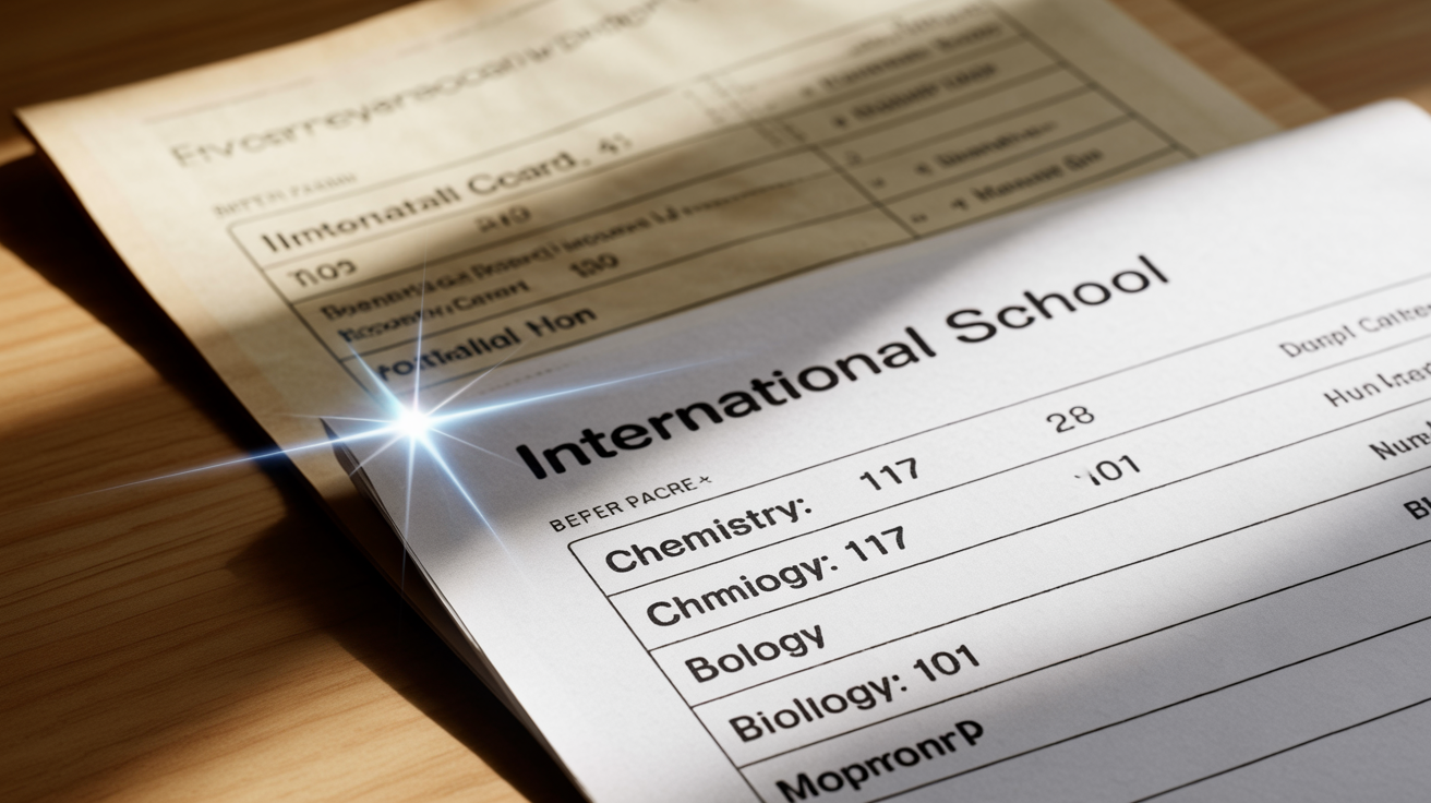 A split-screen hero image showing the effect of document enhancement. The 'before' image is a blurry, dark photo of a report card. The 'after' image is a crystal-clear, bright, and perfectly straightened digital version of the same report card from 'INTERNATIONAL SCHOOL'.