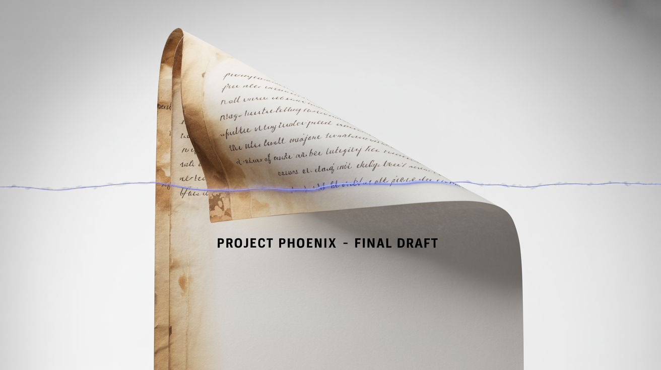 A before-and-after comparison of a document being digitally enhanced. One half is old, stained, and crumpled, while the other half is clean, crisp, and perfectly legible.