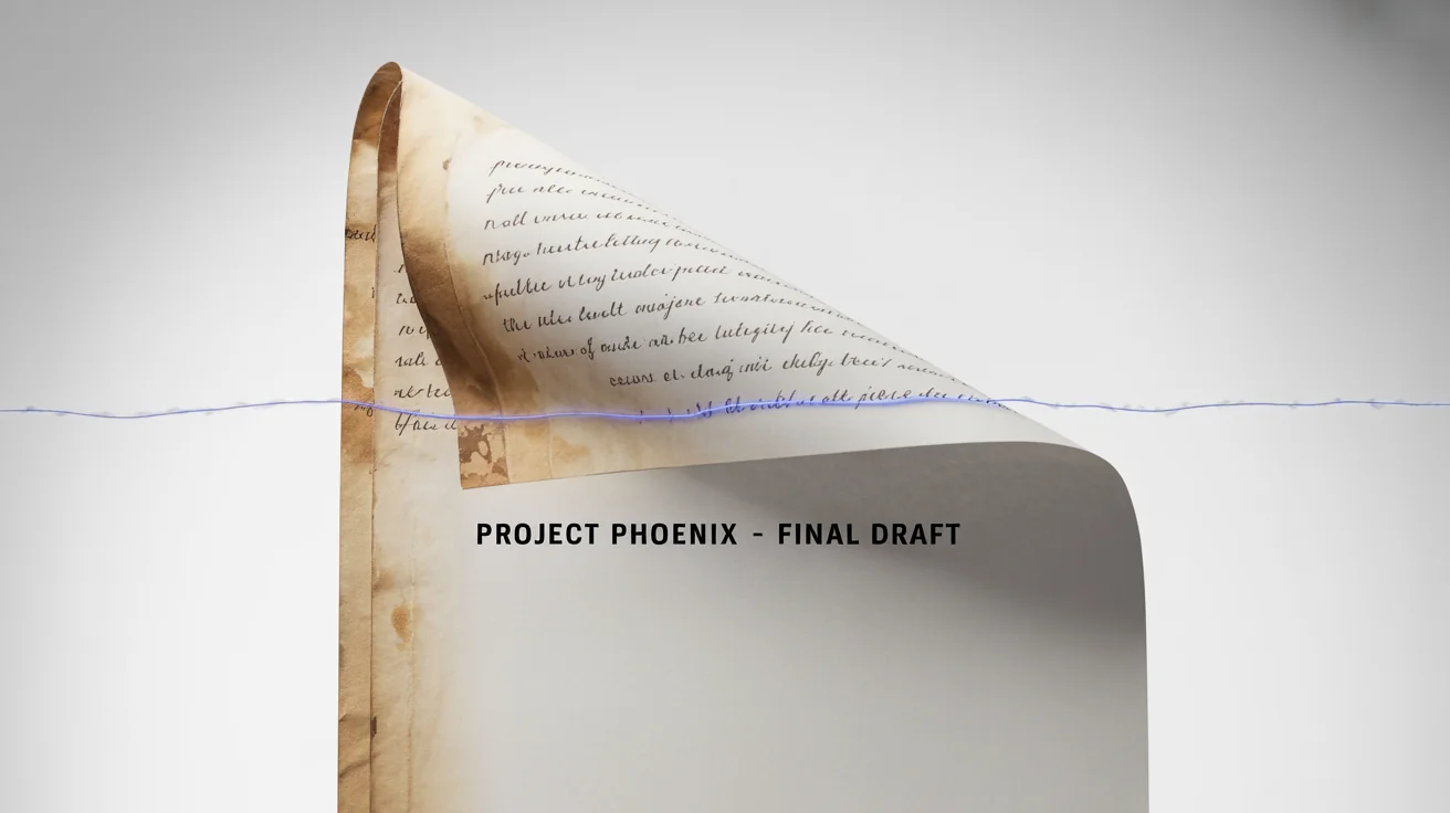 A before-and-after comparison of a document being digitally enhanced. One half is old, stained, and crumpled, while the other half is clean, crisp, and perfectly legible.