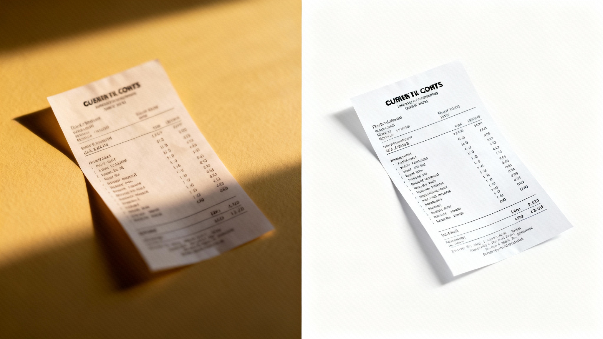 A side-by-side comparison showing document enhancement. The left side shows a blurry, angled photo of a receipt, and the right side shows the same receipt as a crisp, clear, and perfectly flat digital document.