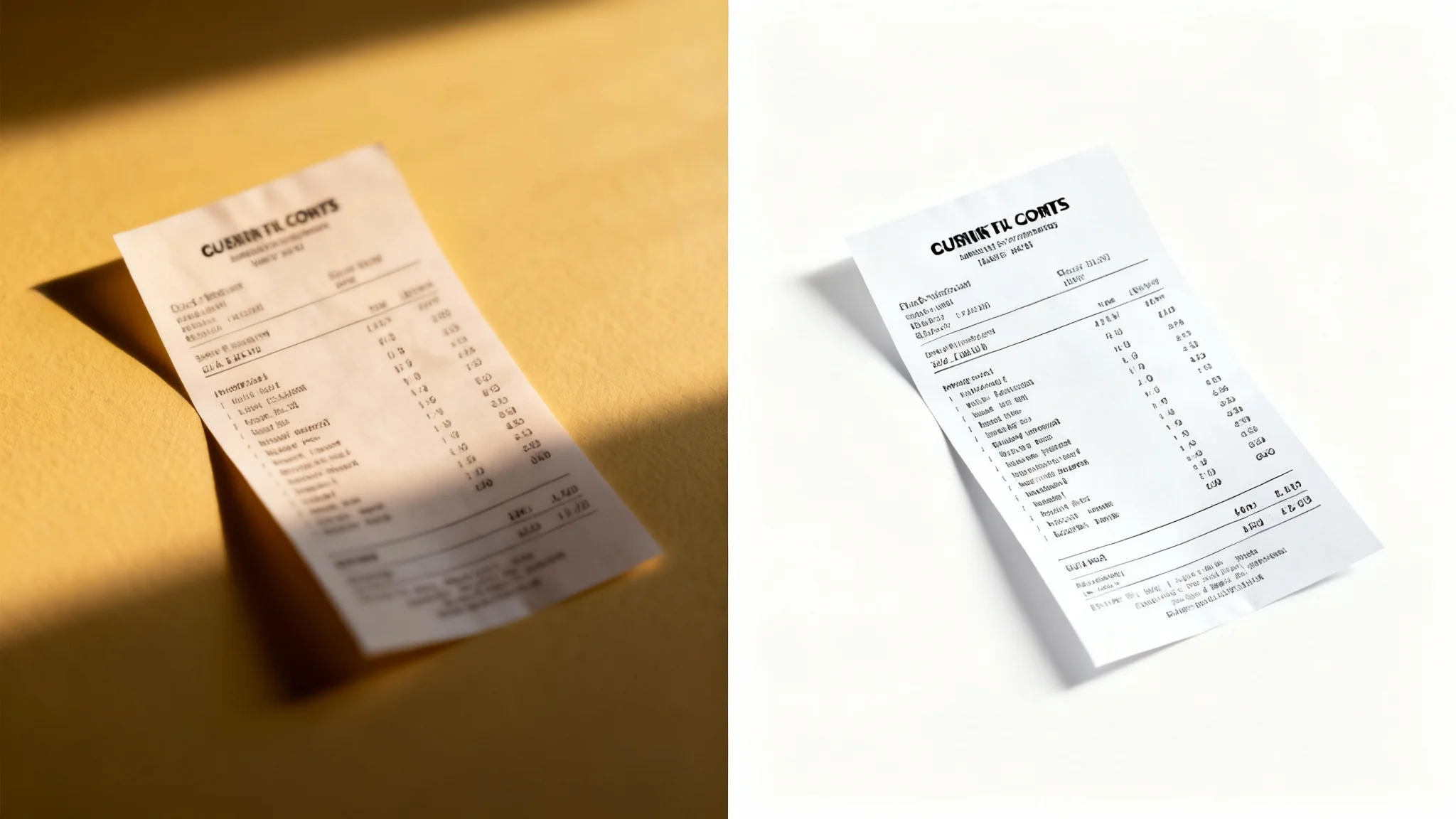 A side-by-side comparison showing document enhancement. The left side shows a blurry, angled photo of a receipt, and the right side shows the same receipt as a crisp, clear, and perfectly flat digital document.