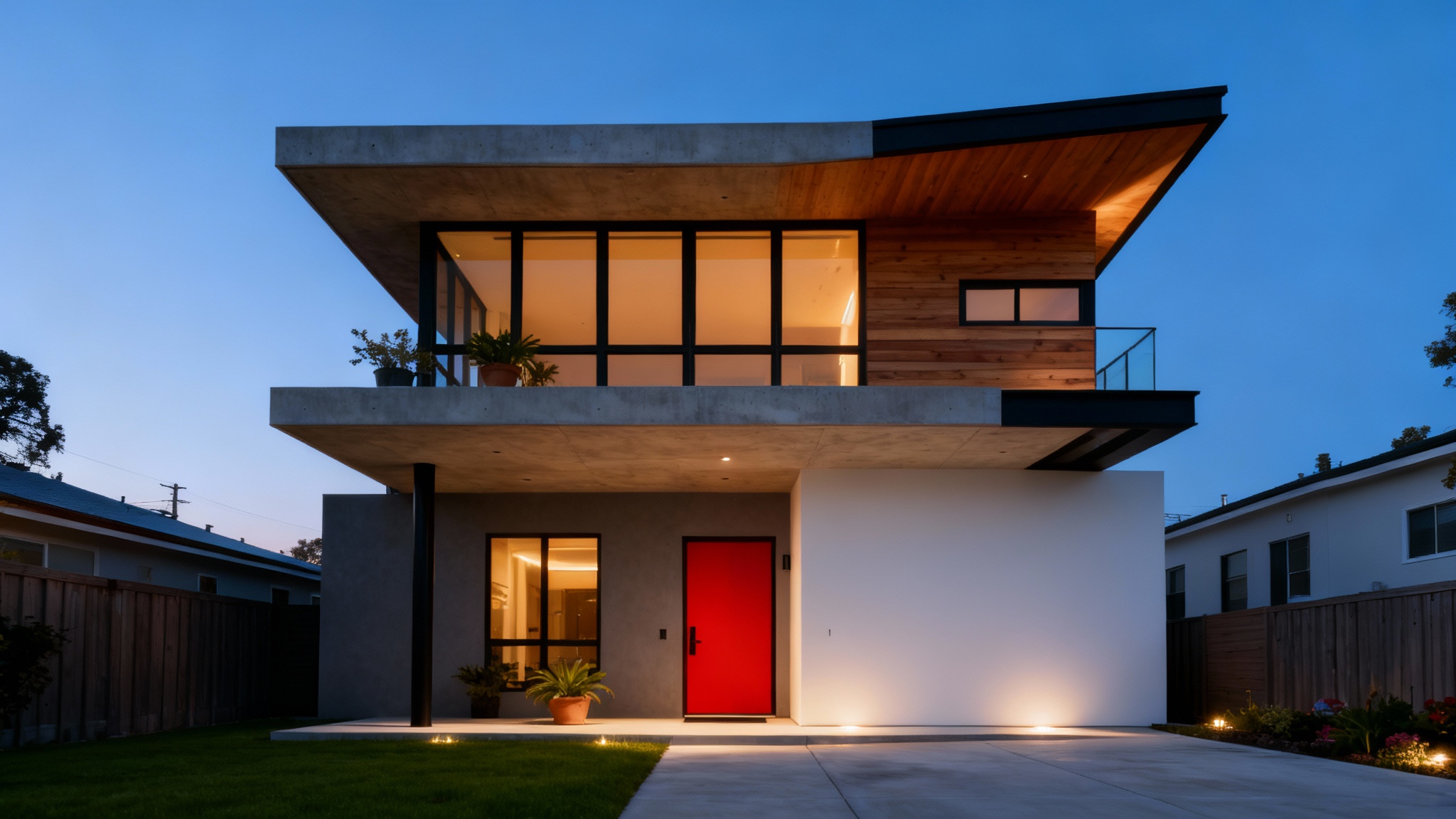 A photorealistic rendering of a modern two-story house at dusk, featuring a mix of concrete and wood, large glowing windows, and a bright red front door.