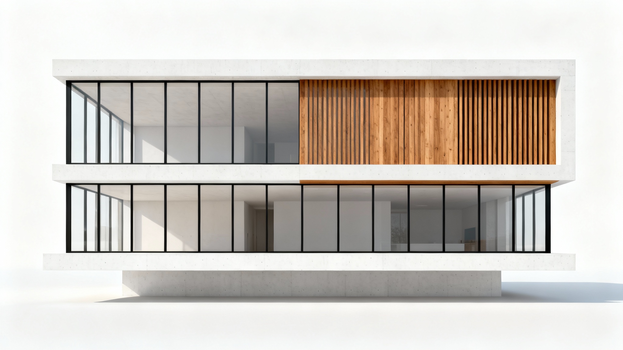 A hyperrealistic rendering of a modern two-story building facade against a white background, showcasing a minimalist design with a white concrete ground floor and a wood-paneled, cantilevered second floor.