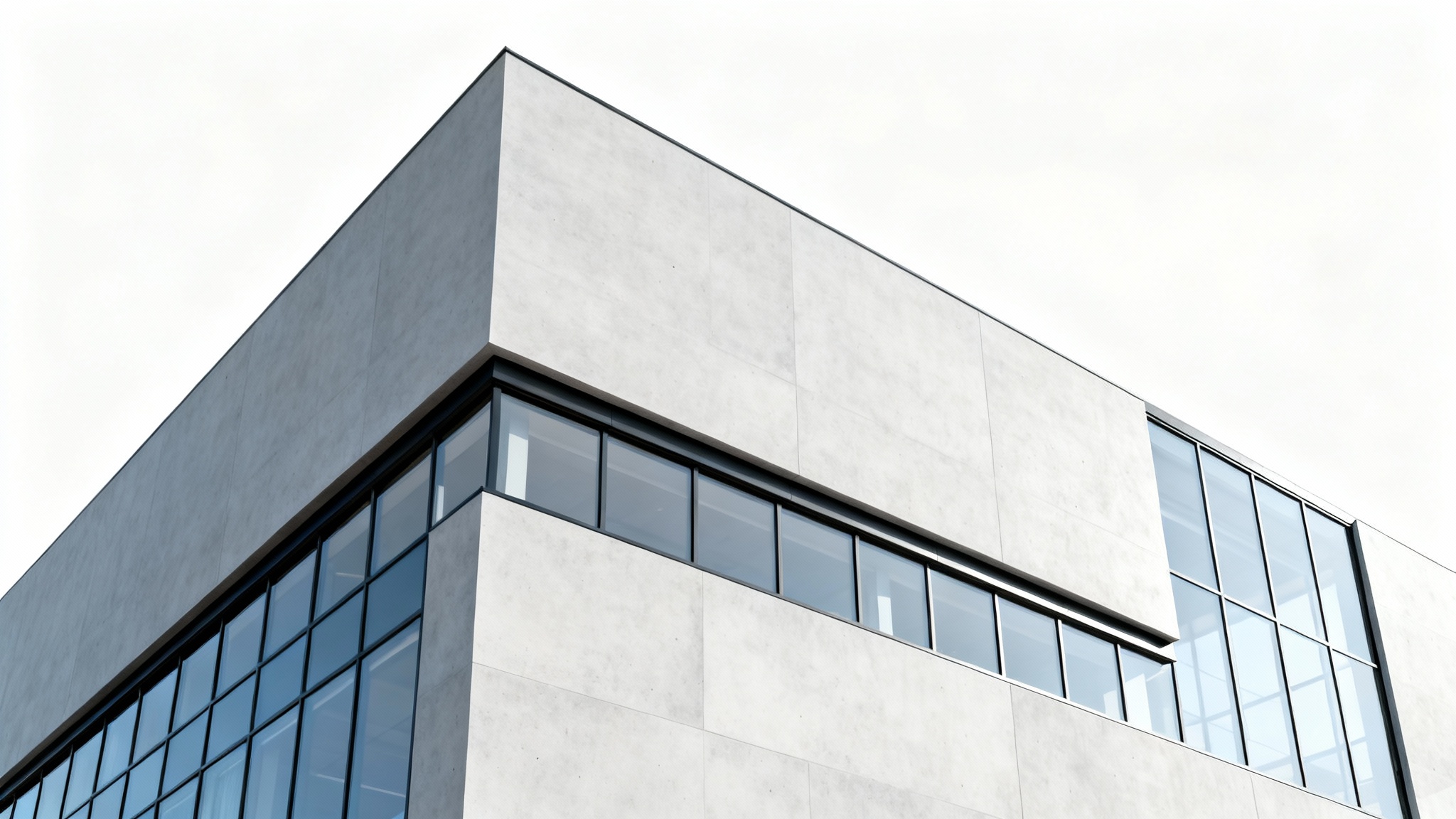 A photorealistic mockup of a modern building facade featuring a minimalist design with concrete, glass, and metal, set against a clean white background.