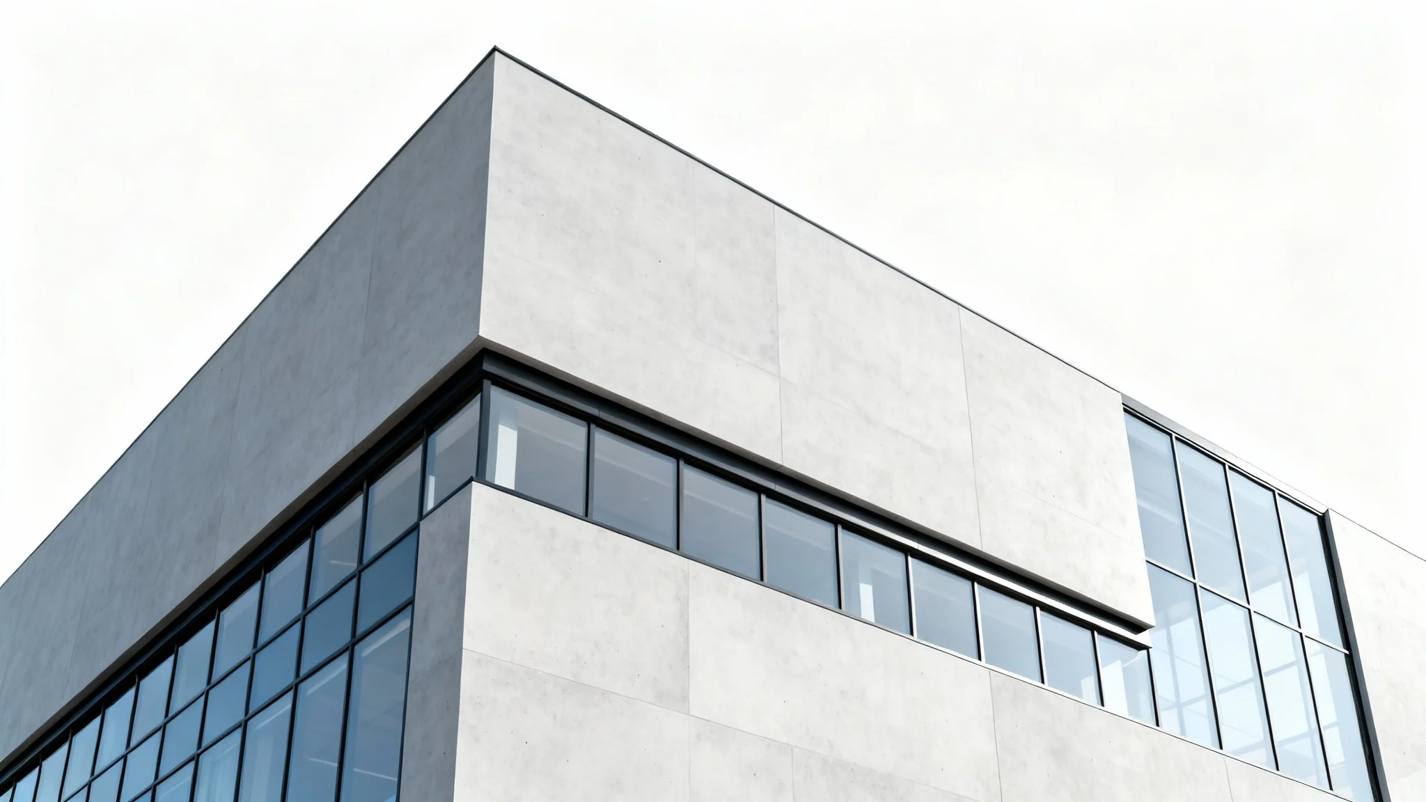 A photorealistic mockup of a modern building facade featuring a minimalist design with concrete, glass, and metal, set against a clean white background.