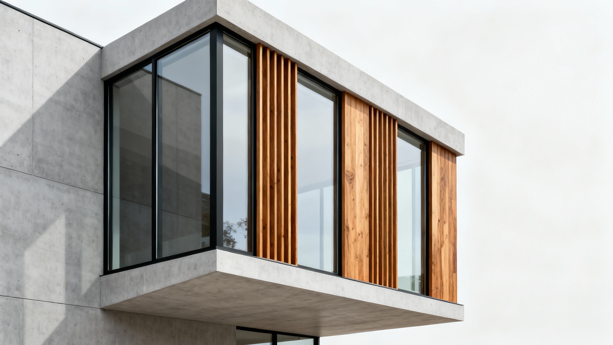 A photorealistic mockup of a modern building's exterior, featuring a minimalist design with concrete, glass, and wood elements, set against a plain white background.