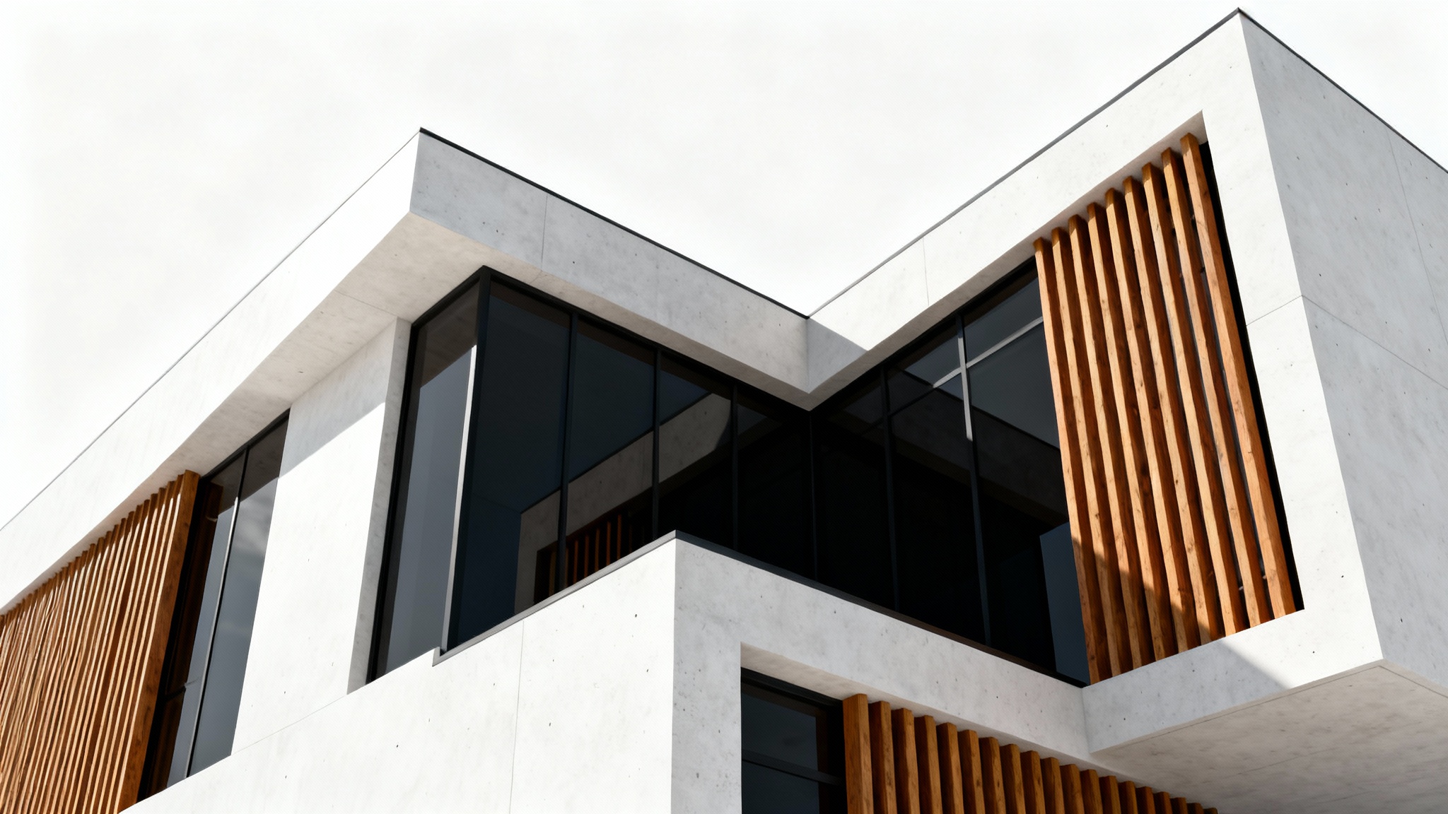 A low-angle view of a modern building's facade, showcasing a minimalist design with concrete, glass, and wood, set against a clean white background.
