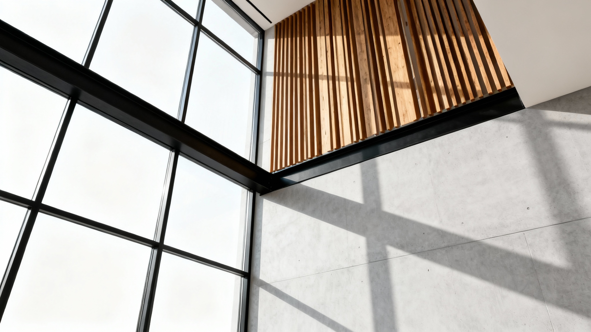 A photorealistic mockup of a modern building facade featuring a mix of glass, dark steel, wood slats, and concrete, isolated against a pure white background.