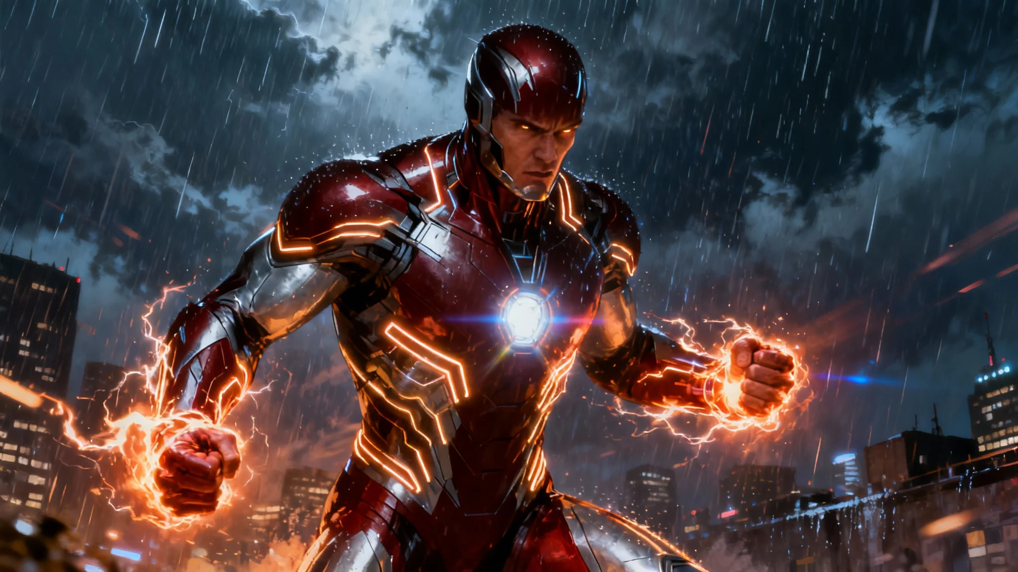 A hyper-realistic digital painting of a male superhero in a dynamic pose against a stormy night sky over a city. His futuristic red and silver suit glows, and fiery energy crackles from his hands.