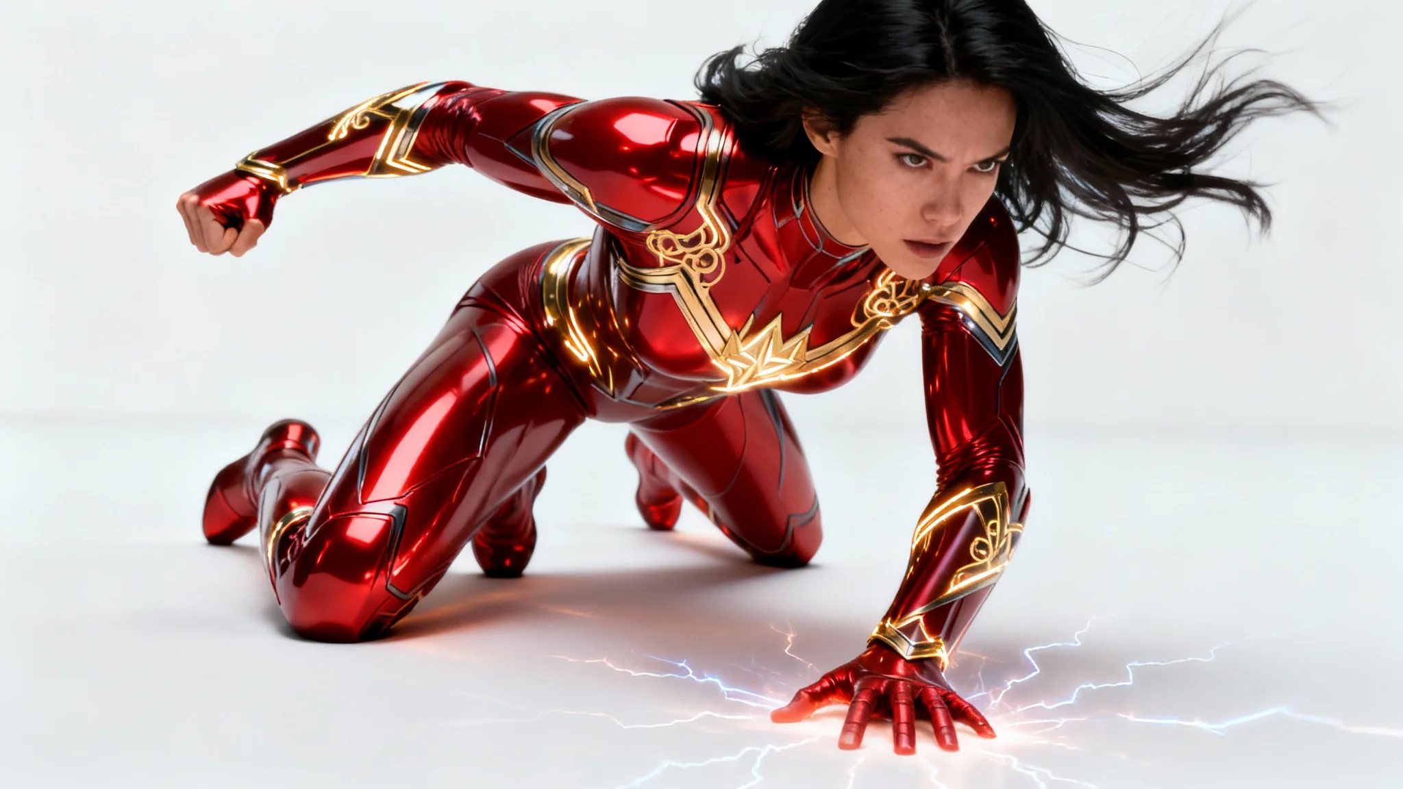 A hyper-realistic digital illustration of a female superhero in a red and chrome suit, striking a powerful landing pose on a clean white background.