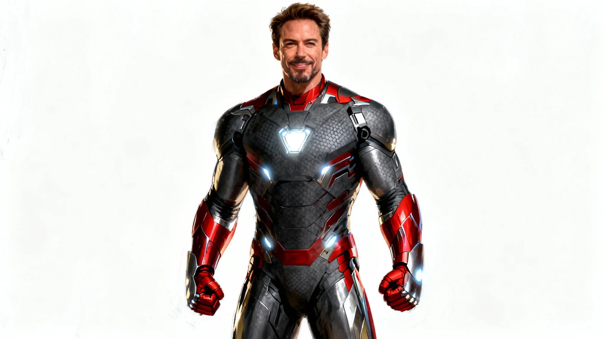 A hyper-realistic digital painting of a male superhero in a modern dark gray and crimson suit with glowing silver accents, posing heroically against a white background.