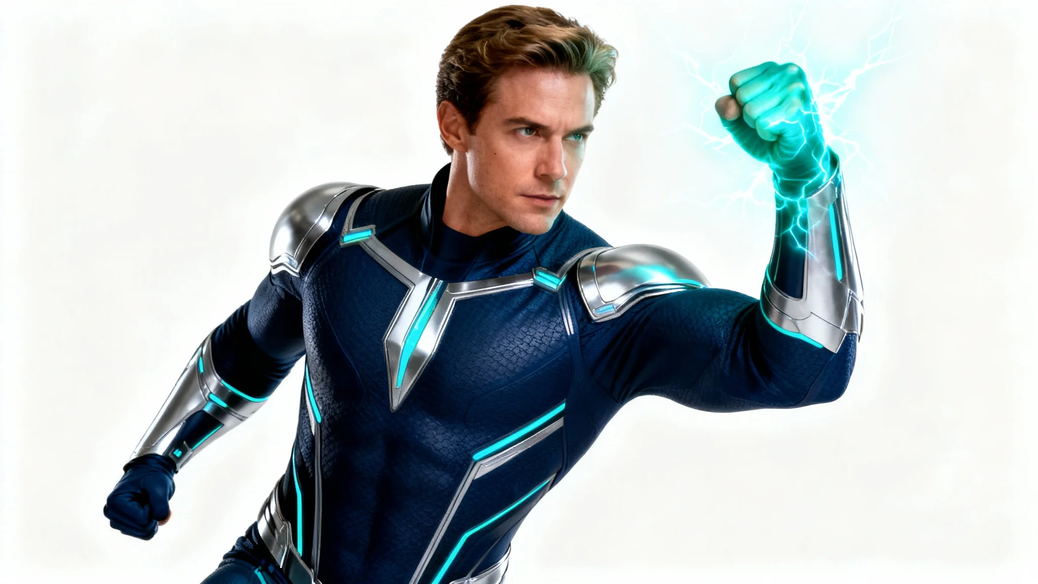 A full-body image of a male superhero in a modern navy blue and silver suit, posing heroically against a white background with cyan energy glowing from his fist.