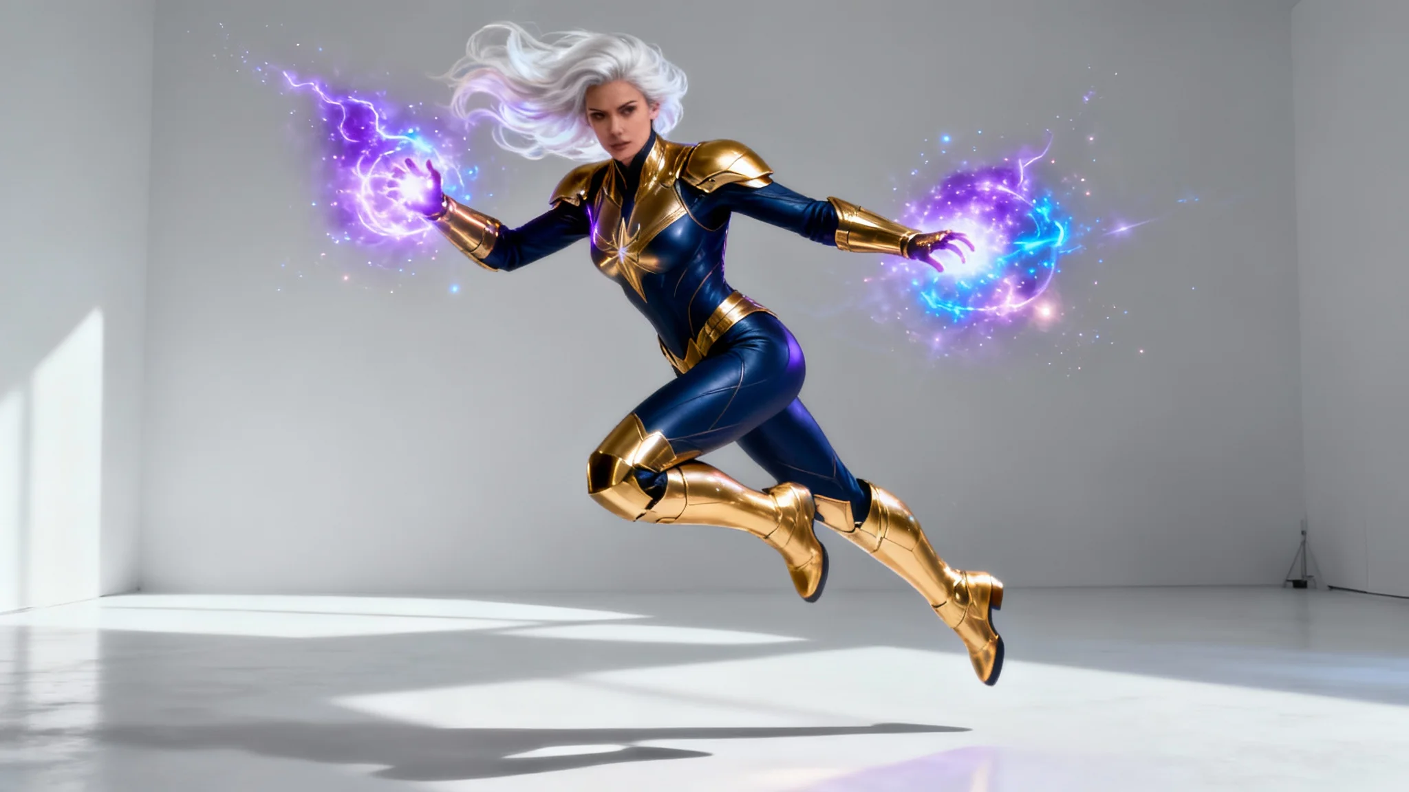 A full-body illustration of a female superhero in a dynamic floating pose against a plain light gray background. She wears an indigo and gold suit, has white hair, and is surrounded by glowing cosmic energy emanating from her hands.