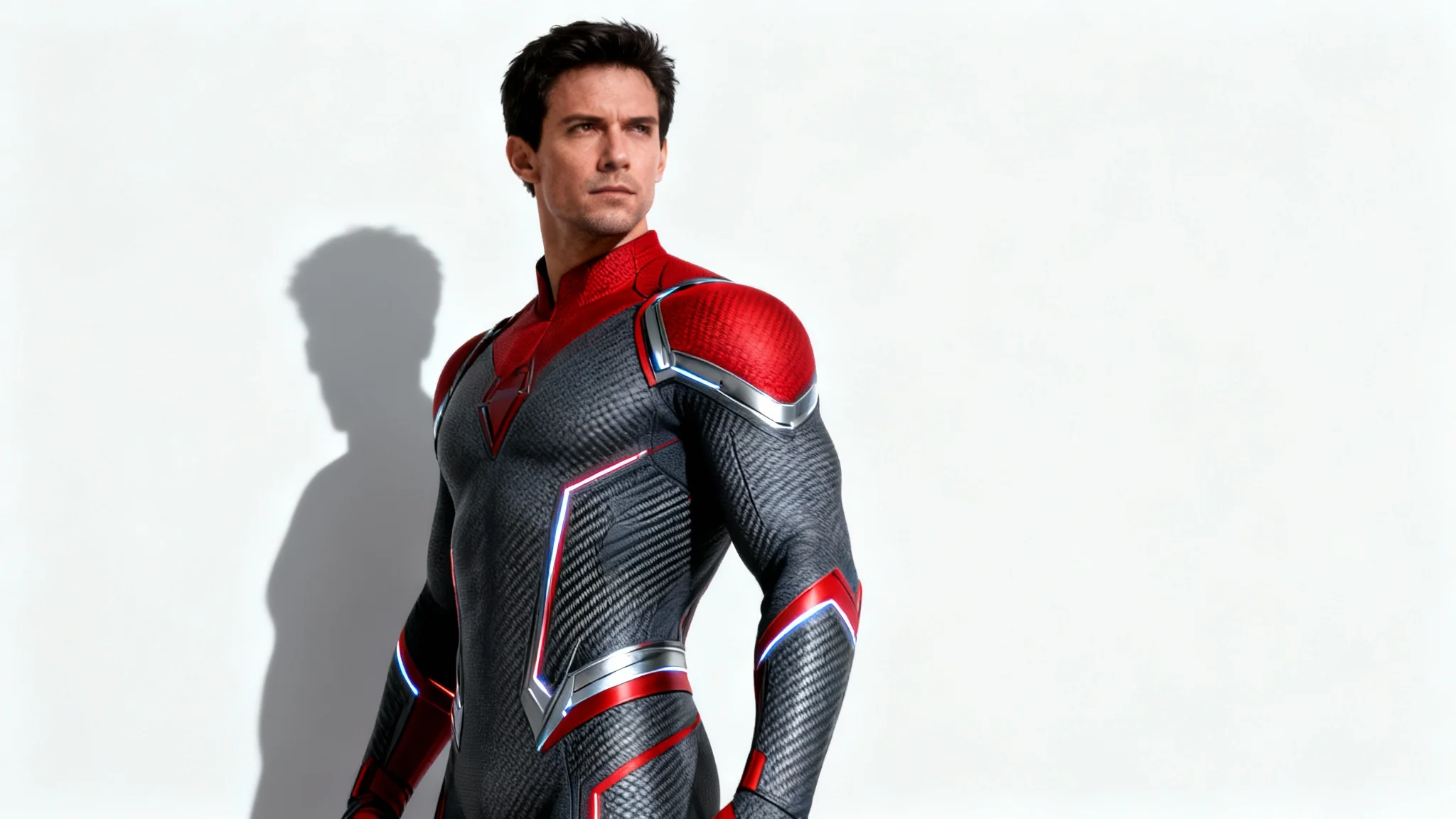A photorealistic full-body portrait of a male superhero in a modern dark gray and red suit, standing in a heroic pose against a plain white background.