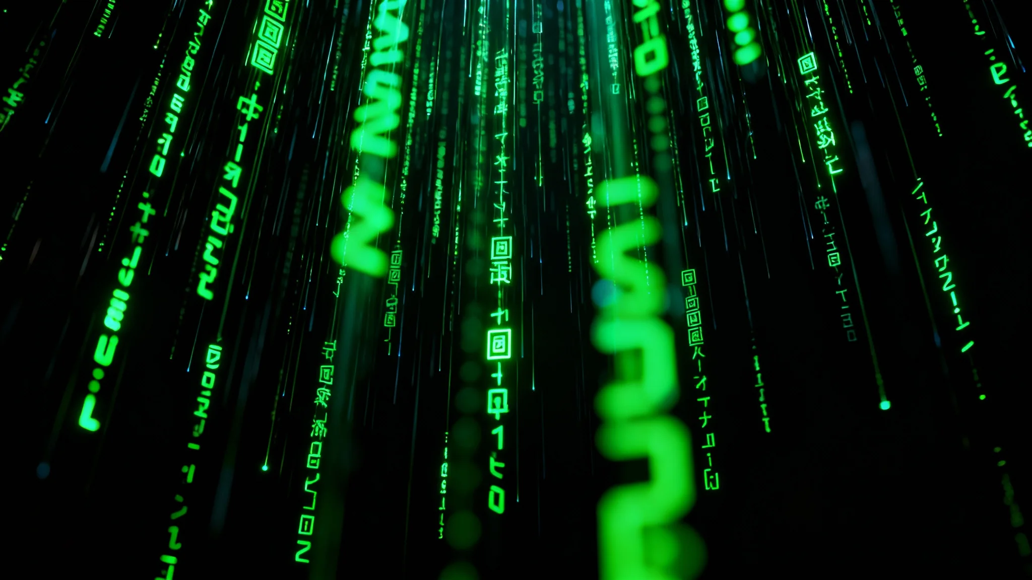 A high-resolution digital background showing vibrant green code characters falling down against a black screen, in the style of the movie The Matrix, creating a sense of depth and motion.