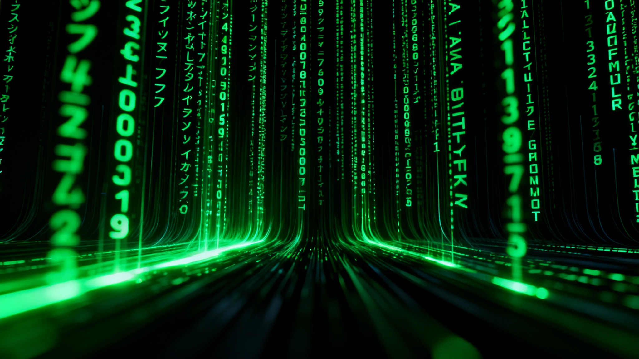 A high-resolution image of the iconic 'Matrix' digital rain, with glowing green characters falling in vertical streams against a black background, creating a futuristic and complex visual.