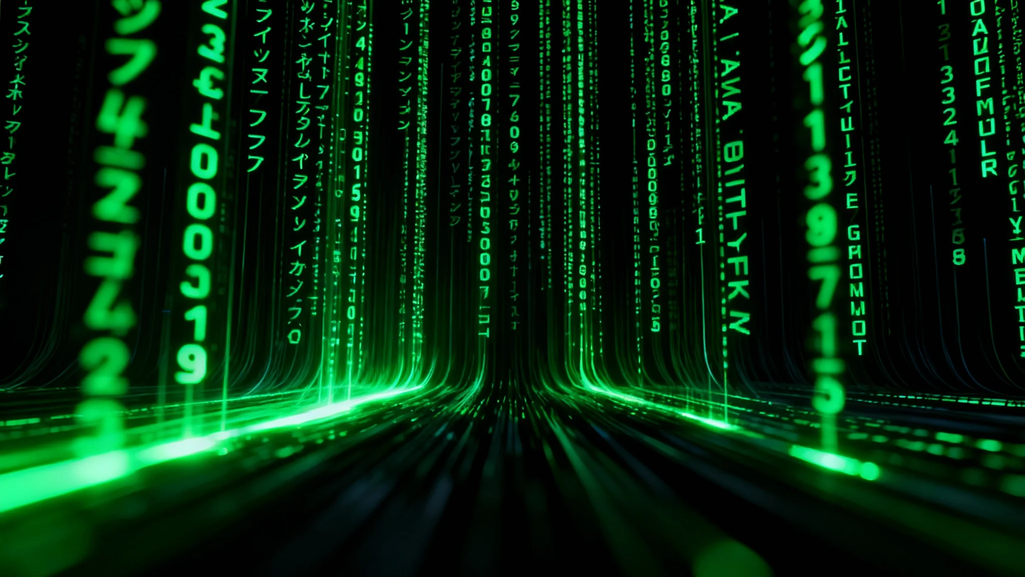 A high-resolution image of the iconic 'Matrix' digital rain, with glowing green characters falling in vertical streams against a black background, creating a futuristic and complex visual.