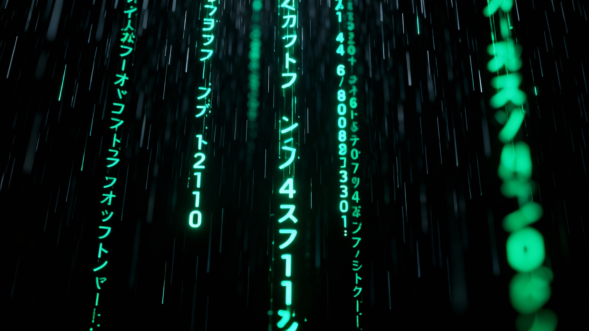 A dark background featuring the iconic 'digital rain' from The Matrix, with streams of glowing green characters and symbols falling vertically.