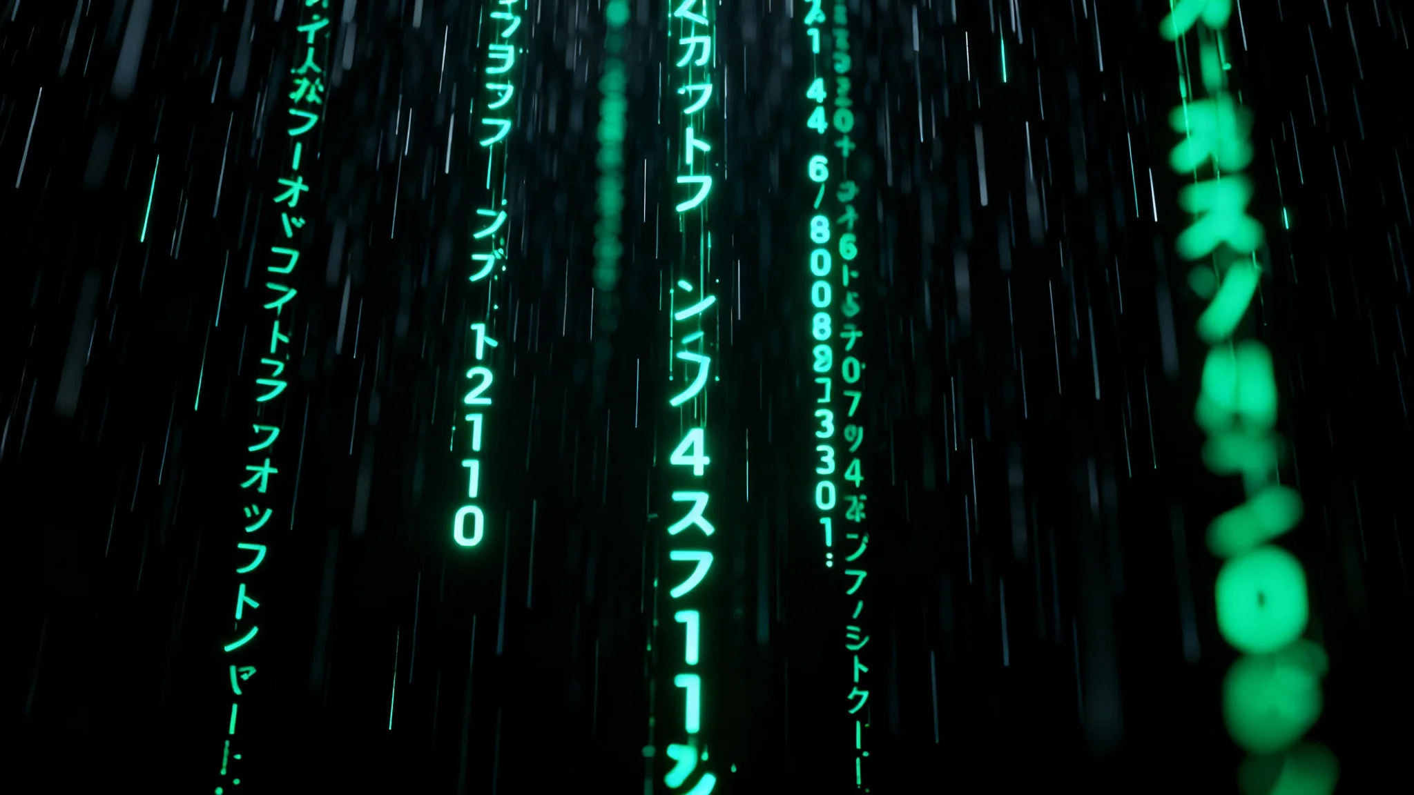 A dark background featuring the iconic 'digital rain' from The Matrix, with streams of glowing green characters and symbols falling vertically.