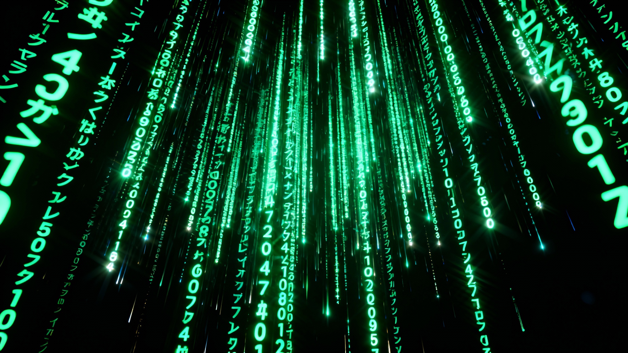 A high-resolution digital background depicting the iconic green cascading code, or digital rain, from The Matrix movies, on a black background.