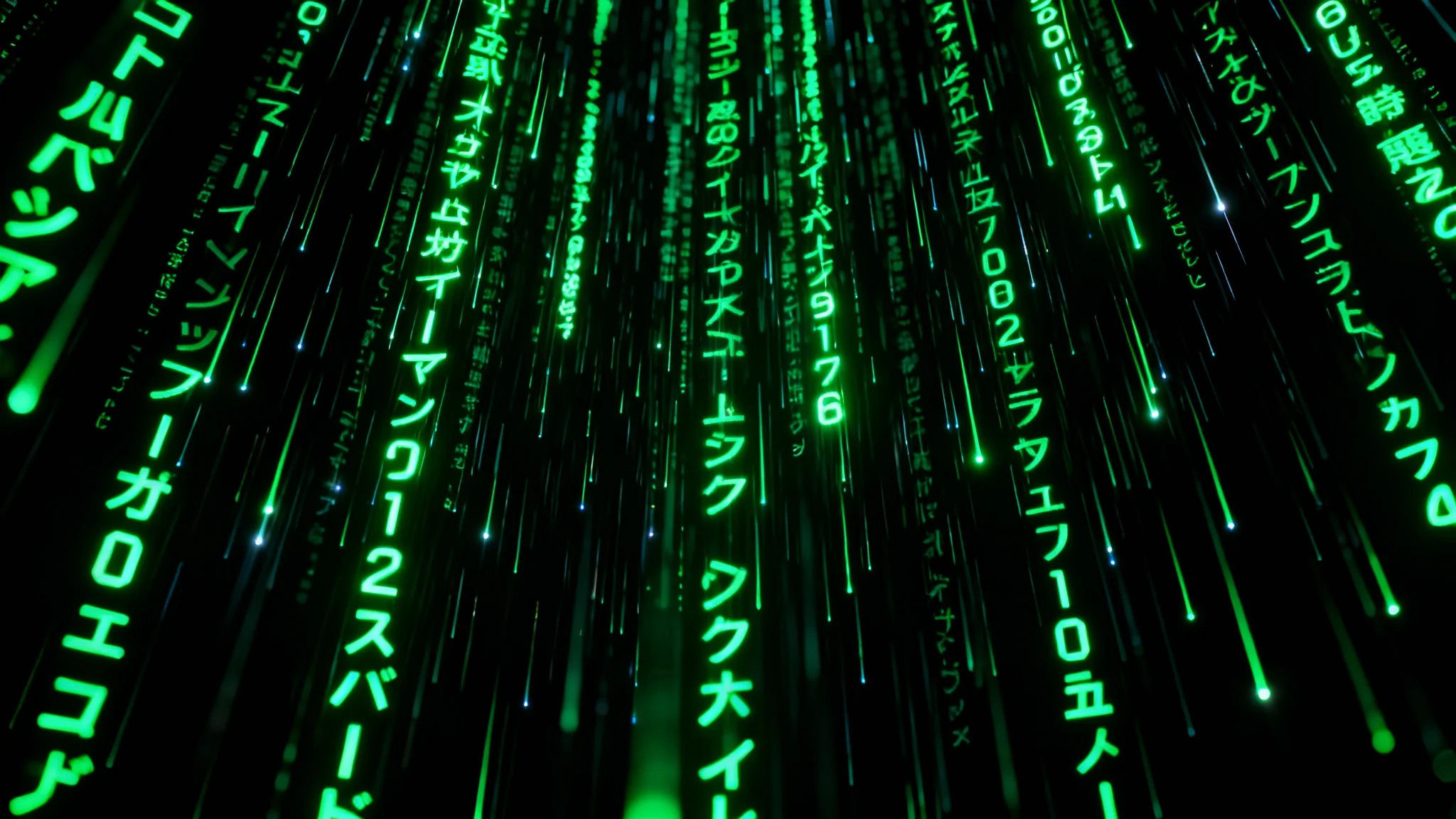 A dark, high-tech background featuring glowing green characters and symbols cascading downwards in a Matrix-style digital rain effect.