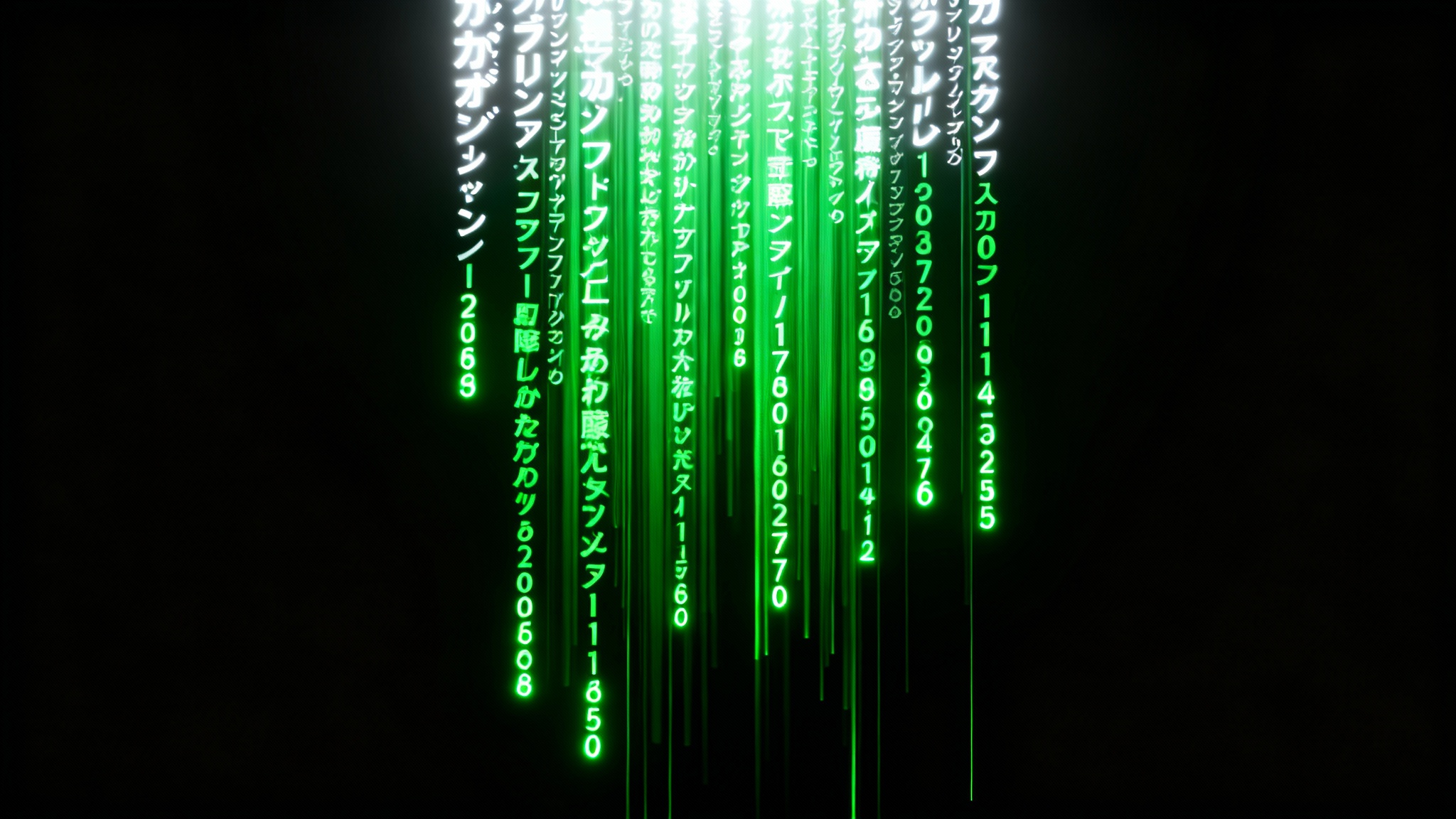 A digital background inspired by The Matrix, featuring streams of glowing green characters and symbols cascading downwards against a dark backdrop, creating a futuristic, high-tech visual.