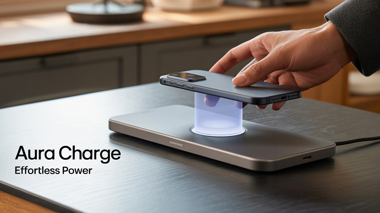 A still frame from a professional product video for a wireless charger. The image shows a sleek charger named 'AURA CHARGE' lighting up as a smartphone is placed on it, set against a dark, minimalist background.
