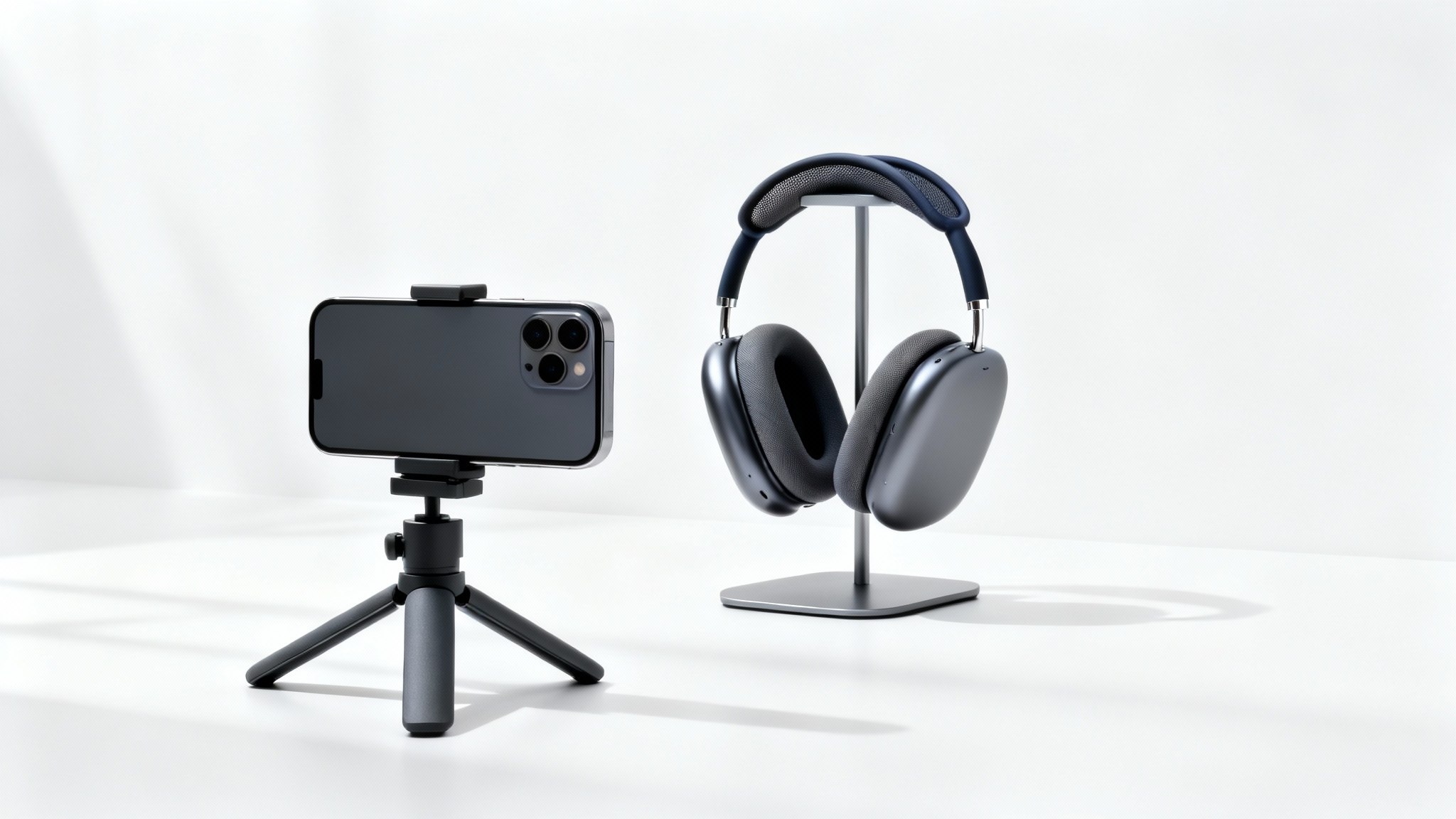 A smartphone on a tripod recording a high-quality video of a pair of wireless headphones, all set against a clean white background to represent a product video.