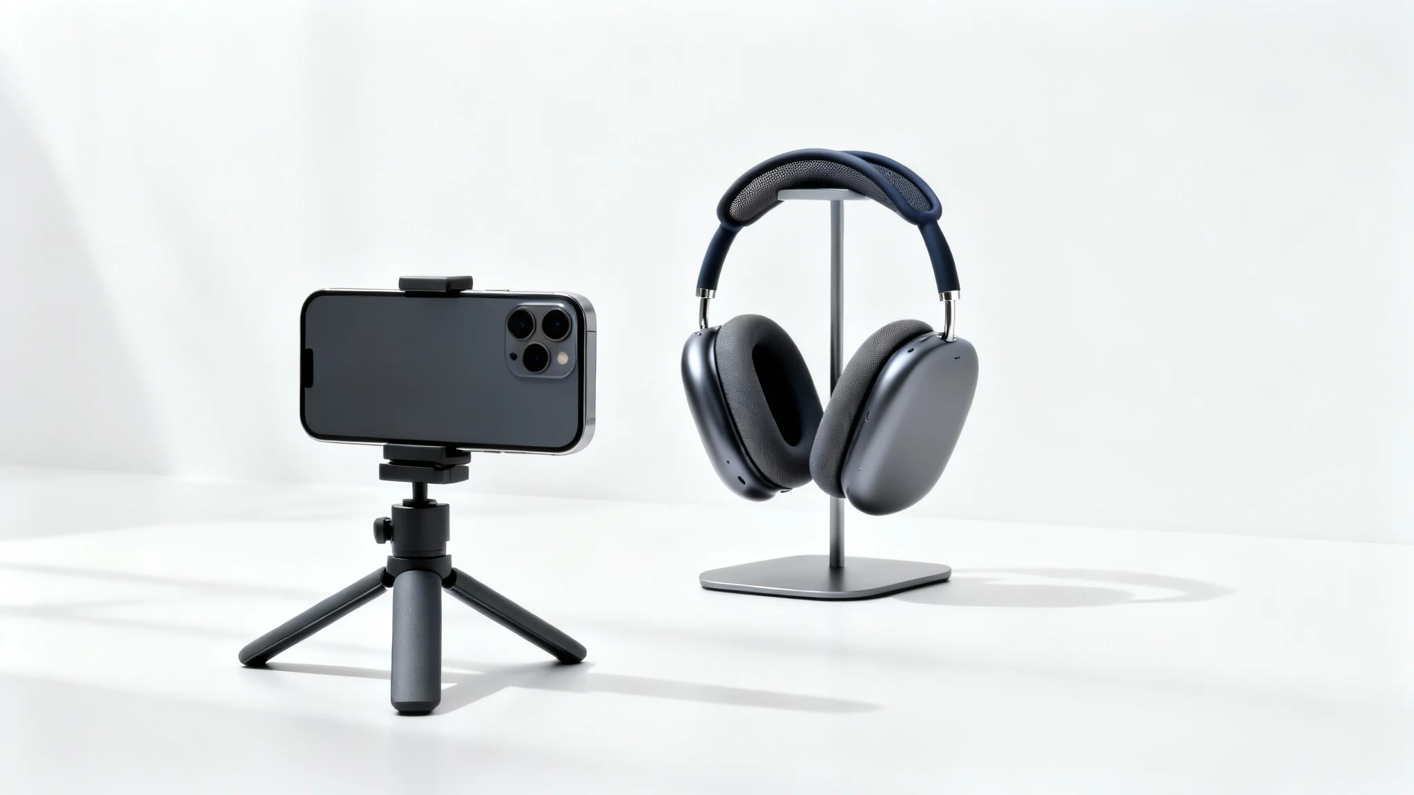 A smartphone on a tripod recording a high-quality video of a pair of wireless headphones, all set against a clean white background to represent a product video.