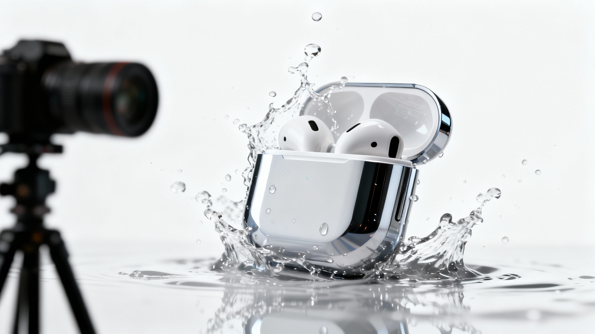 A professional product video shoot in progress, featuring a close-up of a sleek electronic product being splashed with water against a clean white background.
