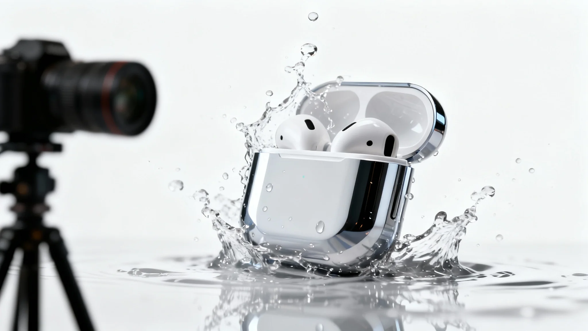 A professional product video shoot in progress, featuring a close-up of a sleek electronic product being splashed with water against a clean white background.