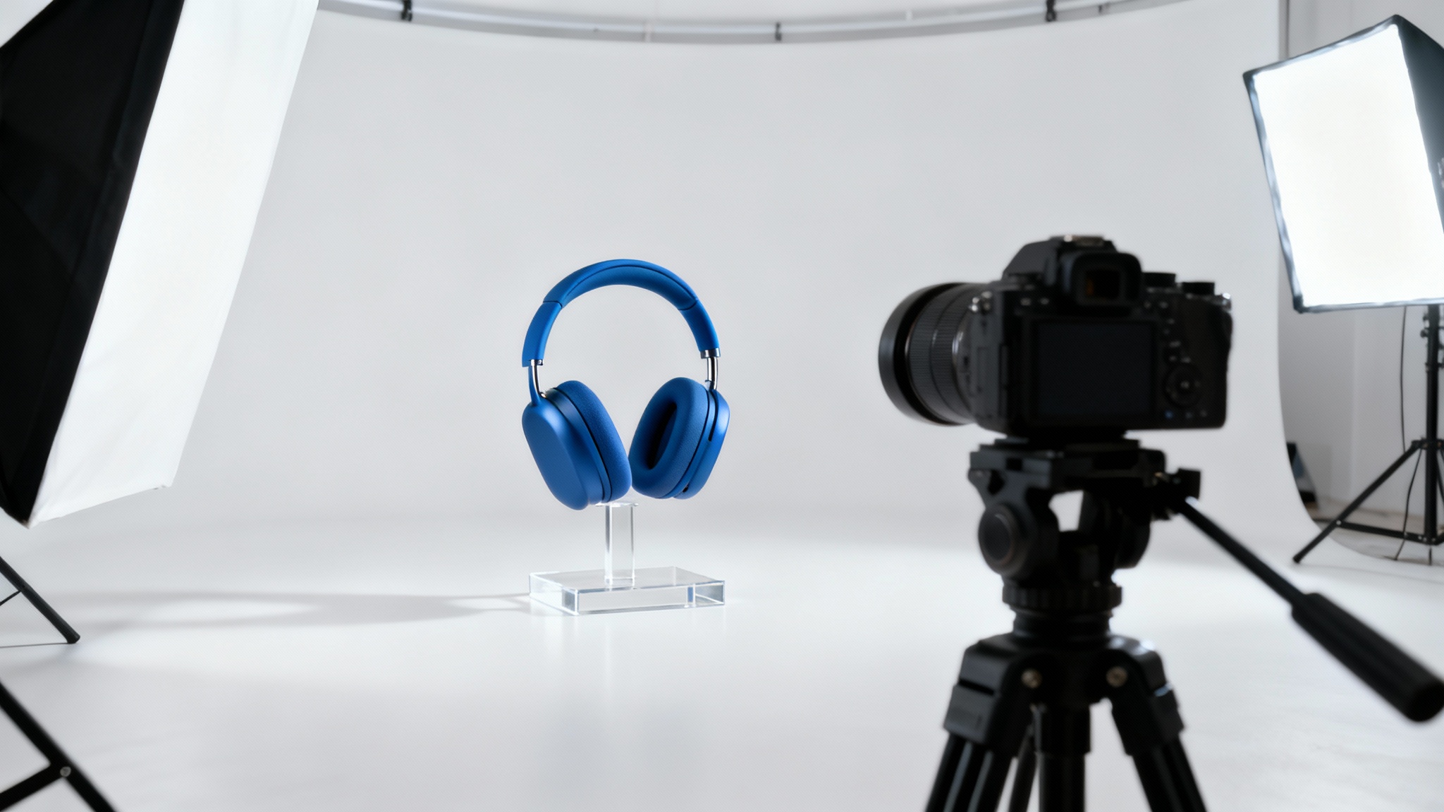 A professional studio setup for a product video, featuring a sleek blue wireless headphone being filmed by a DSLR camera against a clean white background.