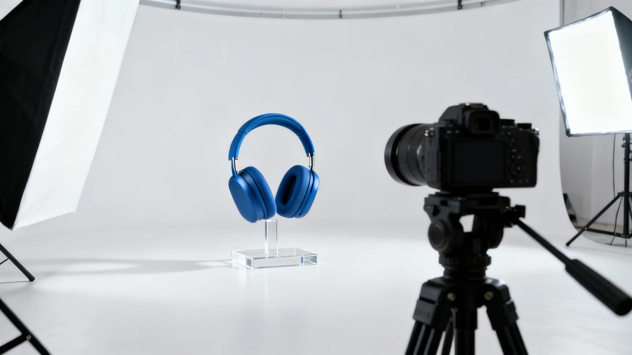 A professional studio setup for a product video, featuring a sleek blue wireless headphone being filmed by a DSLR camera against a clean white background.