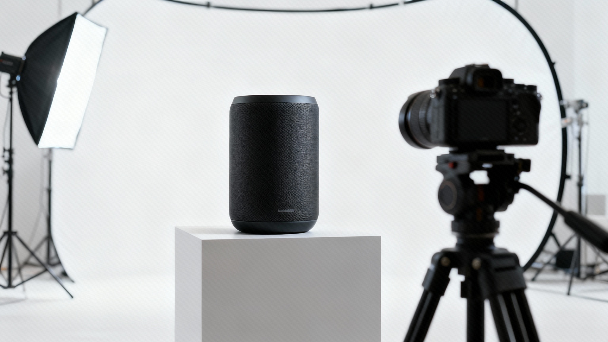 A professional studio setup for a product video, featuring a sleek modern speaker being filmed by a camera against a clean white background, illuminated by a softbox light.