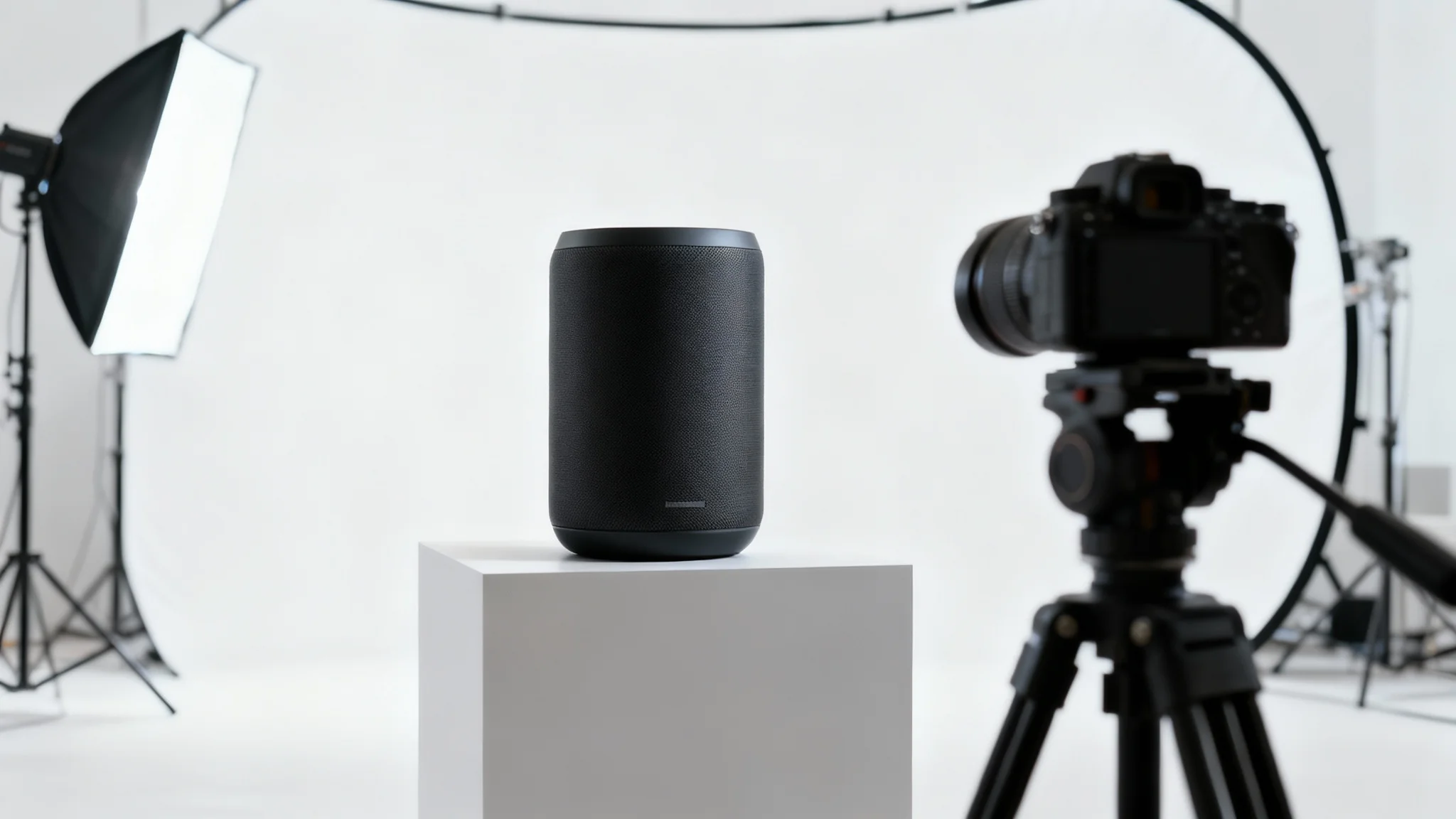 A professional studio setup for a product video, featuring a sleek modern speaker being filmed by a camera against a clean white background, illuminated by a softbox light.