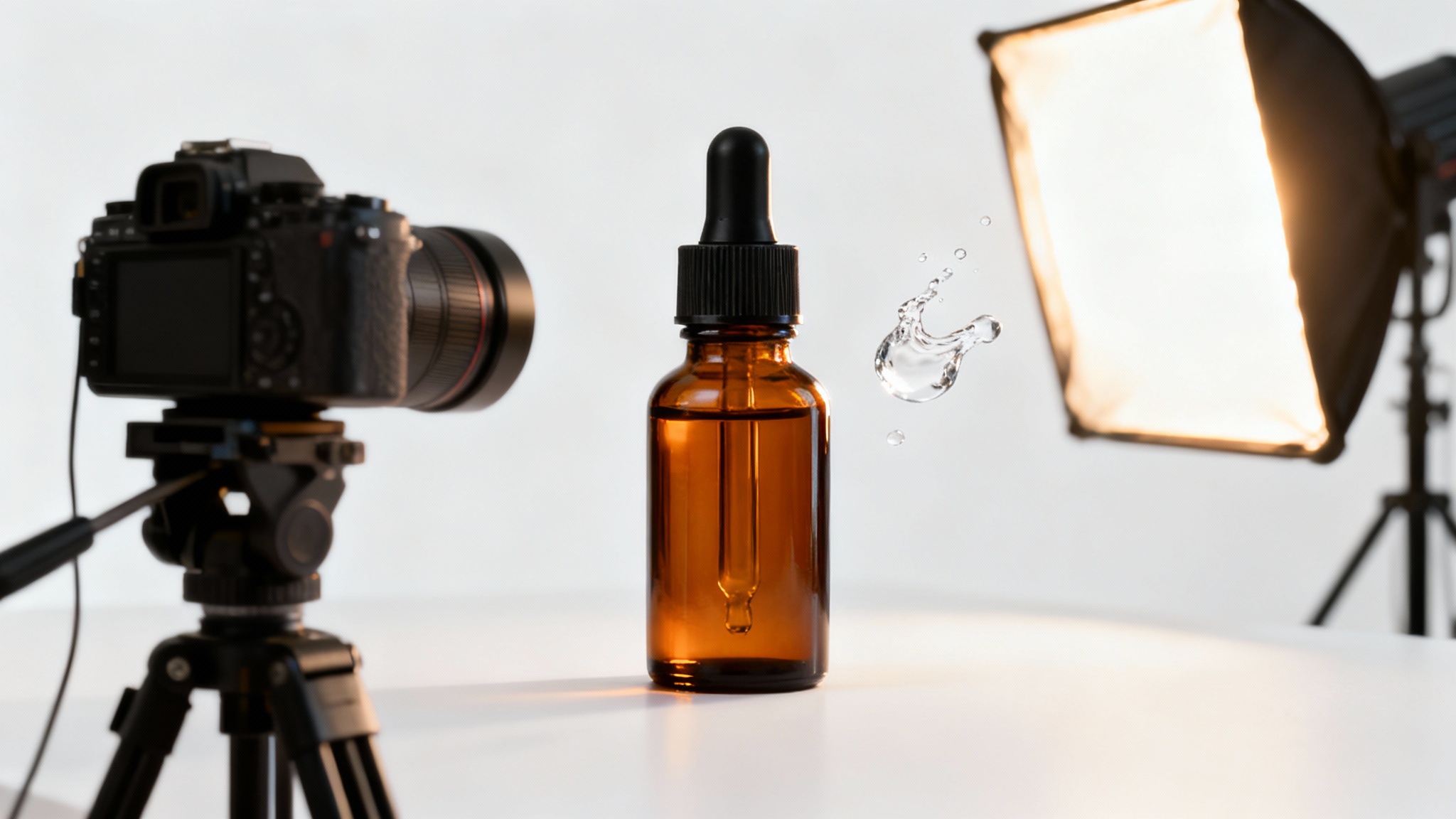 A professional studio setup for filming a product video. A sleek cosmetic bottle sits in the center, flanked by a cinema camera and a large studio light, all against a clean white background.