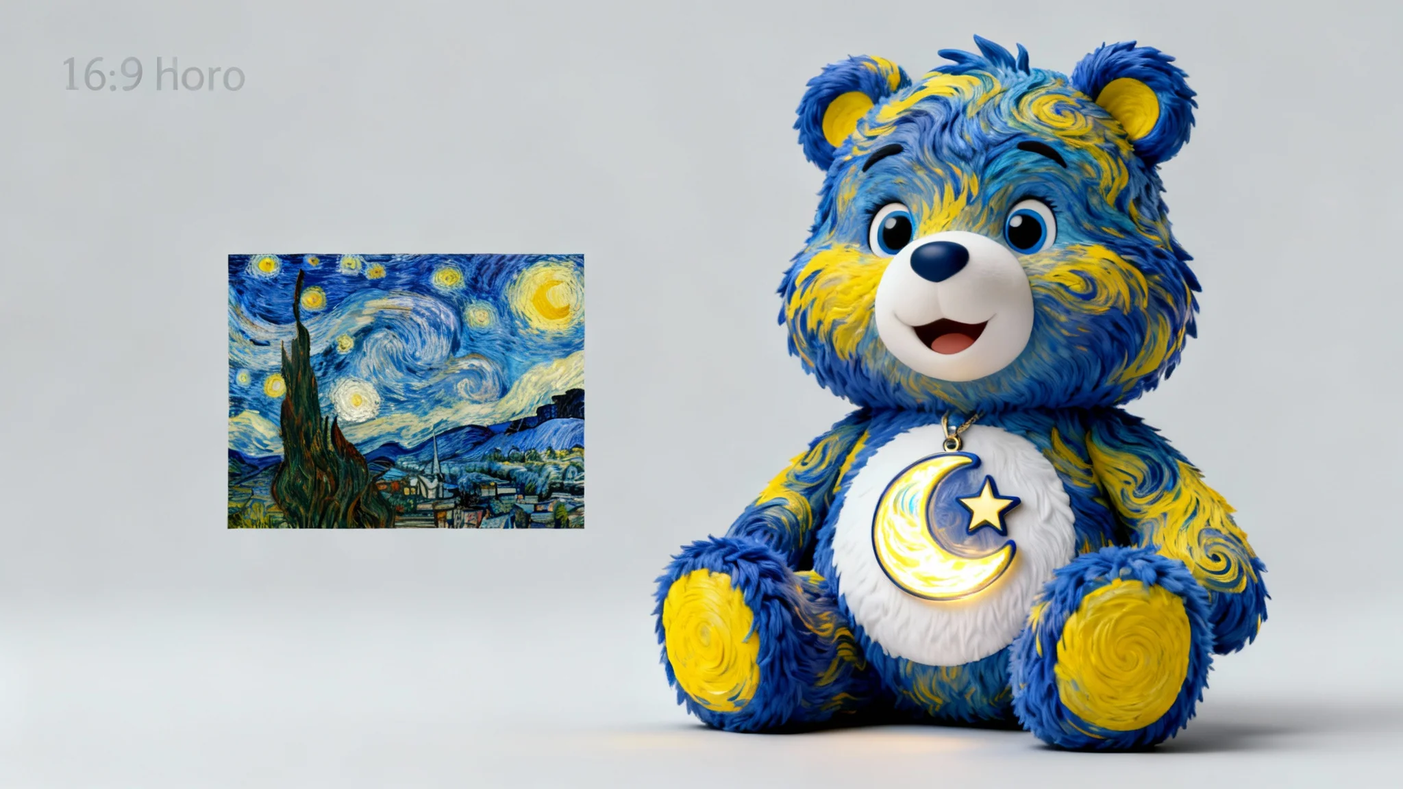 A hero image demonstrating a 'Care Bear Generator'. On the left is Van Gogh's 'Starry Night' as an input, and on the right is the output: a custom Care Bear with blue and yellow swirling fur and a moon-and-star belly badge inspired by the painting.