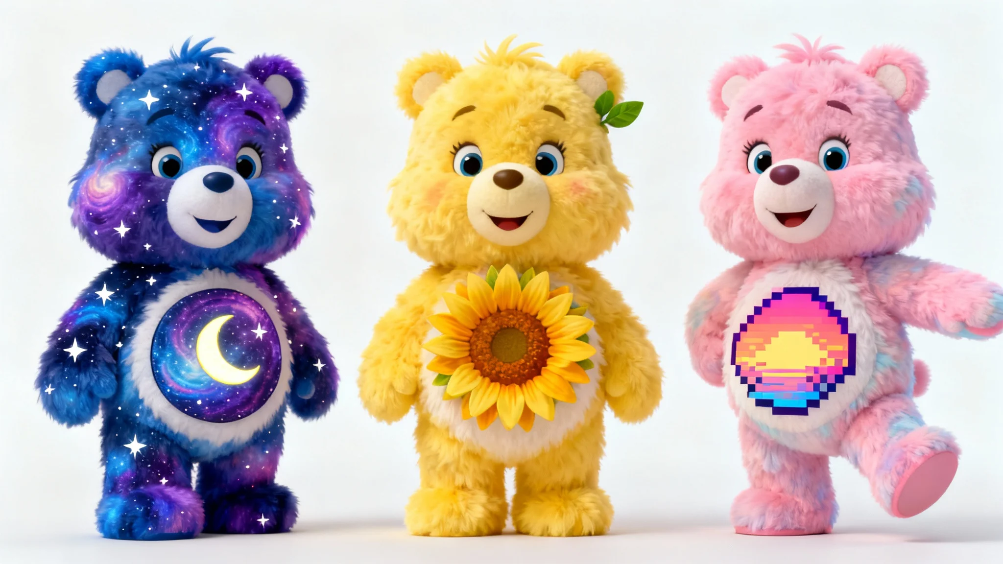 A lineup of three unique, custom-designed, Care Bear-style characters on a white background. One is a purple galaxy bear, one is a yellow sunflower bear, and one is a pink vaporwave-themed bear.