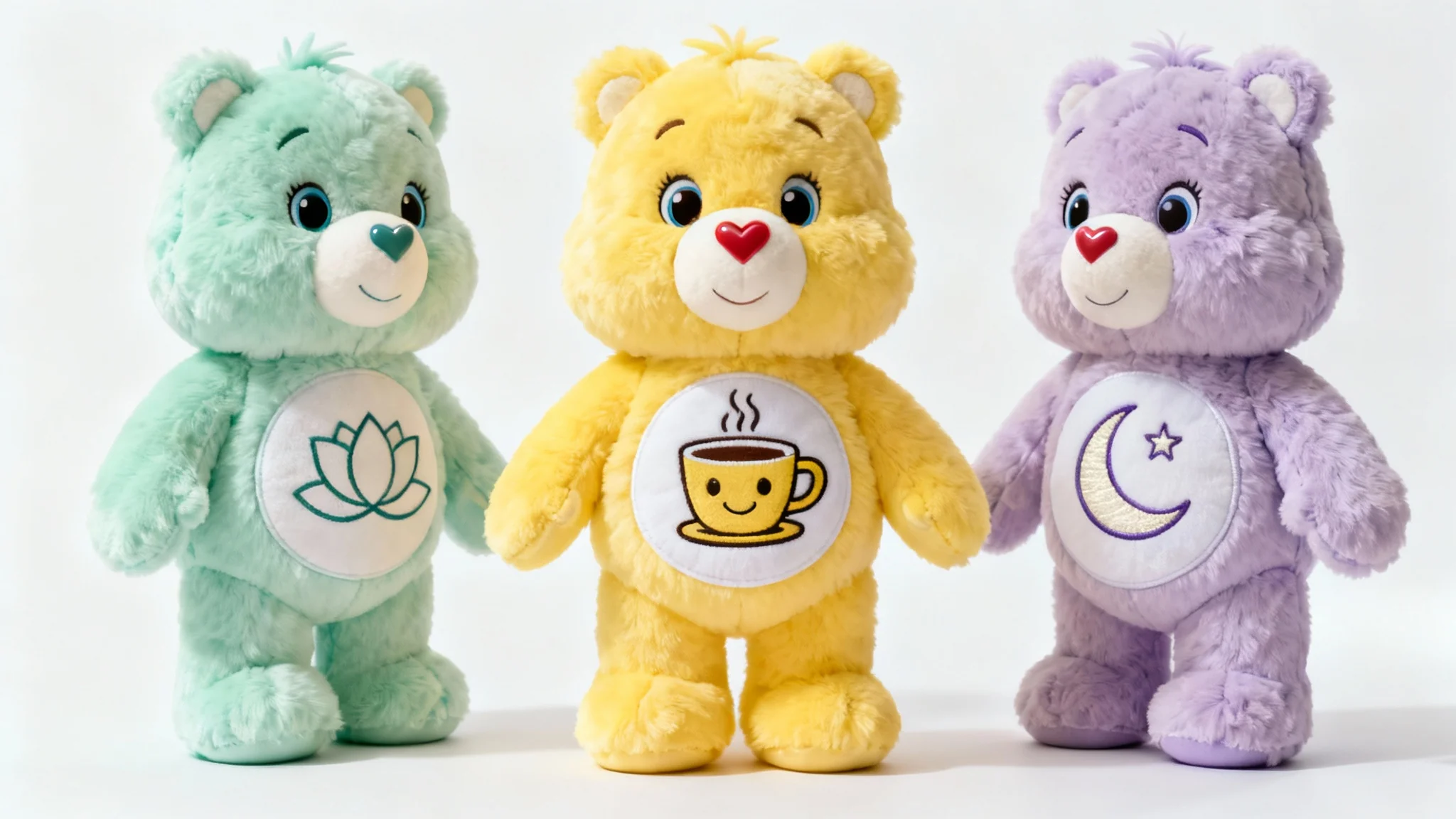 A photorealistic mockup of three custom-designed Care Bear plush toys in yellow, mint green, and lavender, each with a unique belly badge, standing against a white background.