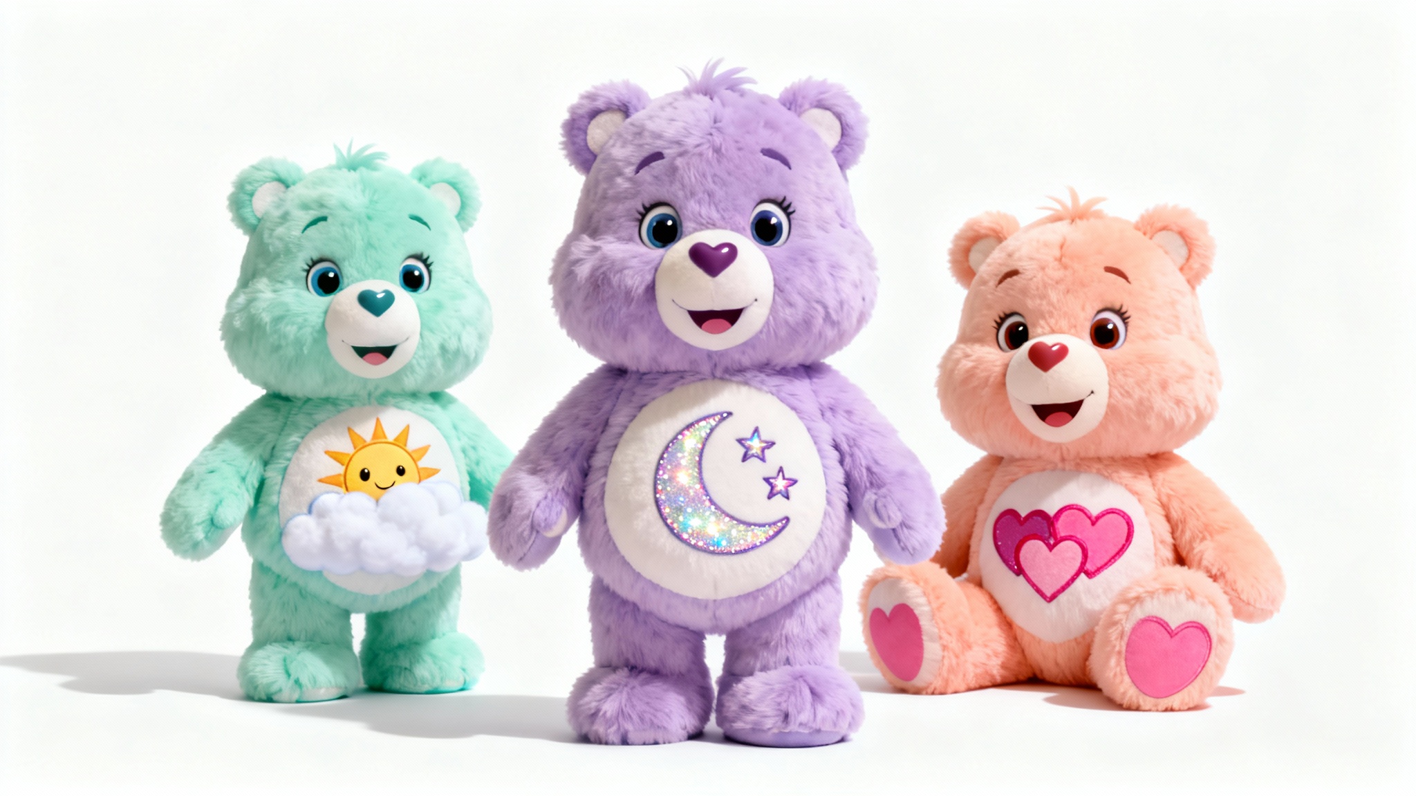 Three custom-designed, fluffy Care Bears in pastel colors stand on a white background. One is lavender with a moon badge, one is mint green with a sun badge, and one is peach with a hearts badge.