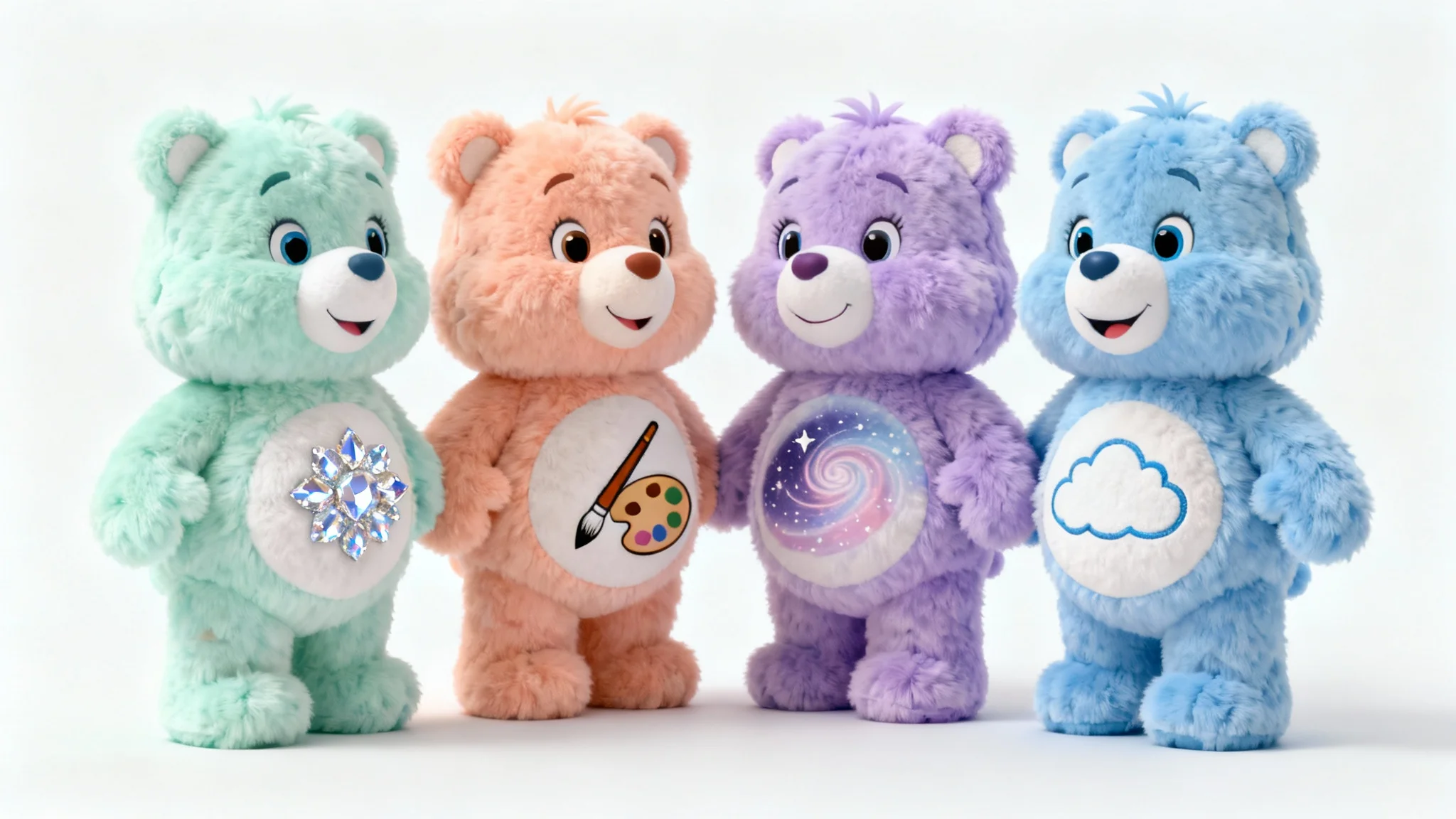 A group of four colorful, custom-designed, 3D-rendered Care Bear-style plush toys, each with a unique color and belly symbol, standing on a clean white background.