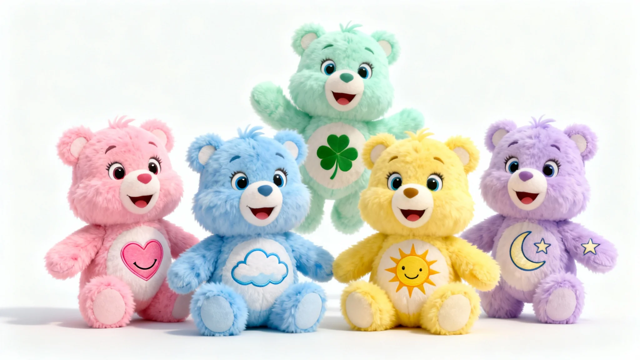 A colorful group of five unique, pastel-colored fluffy teddy bears, each with a different cute symbol on its belly, smiling cheerfully against a plain white background.