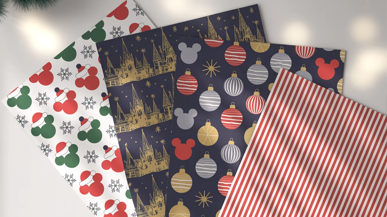 A flat lay of four different Disney-themed Christmas scrapbook paper designs on a white background, featuring patterns with Mickey Mouse silhouettes, a magical castle, and festive ornaments.
