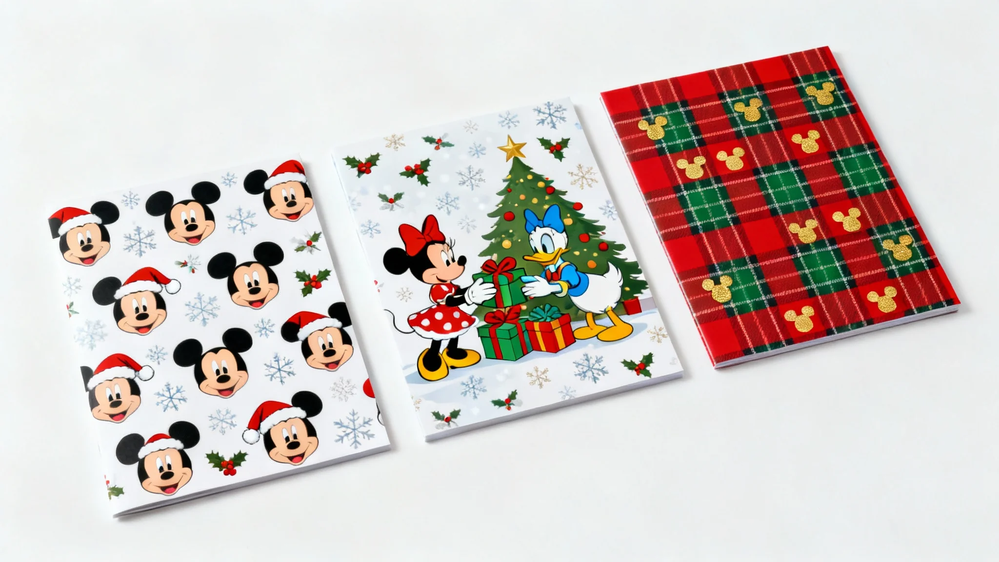 A flat lay mockup of Disney Christmas scrapbook paper, showing various festive patterns with characters like Mickey and Minnie Mouse against a clean white background.