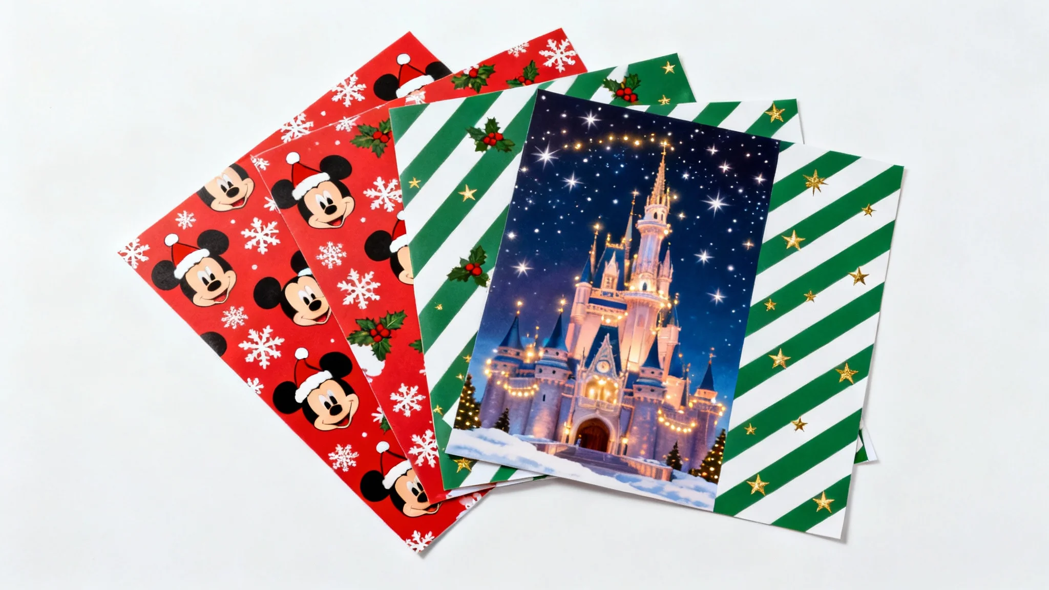 A flat lay of three different Disney-themed Christmas scrapbook paper designs on a white background. One features Mickey Mouse in a Santa hat, another shows a Christmas-decorated castle, and the third is a green and gold star pattern.