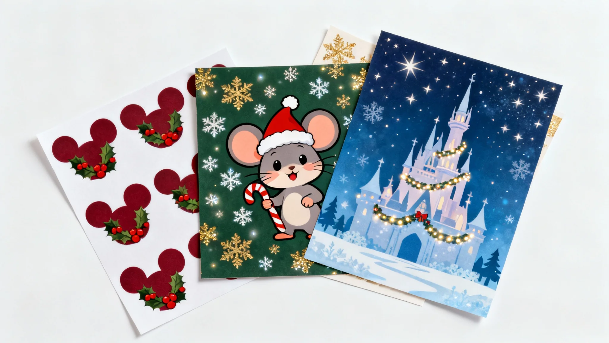 A collection of Disney-inspired Christmas scrapbook papers, featuring patterns with mouse ears, a friendly mouse in a Santa hat, and a fairytale castle, displayed on a clean white background.