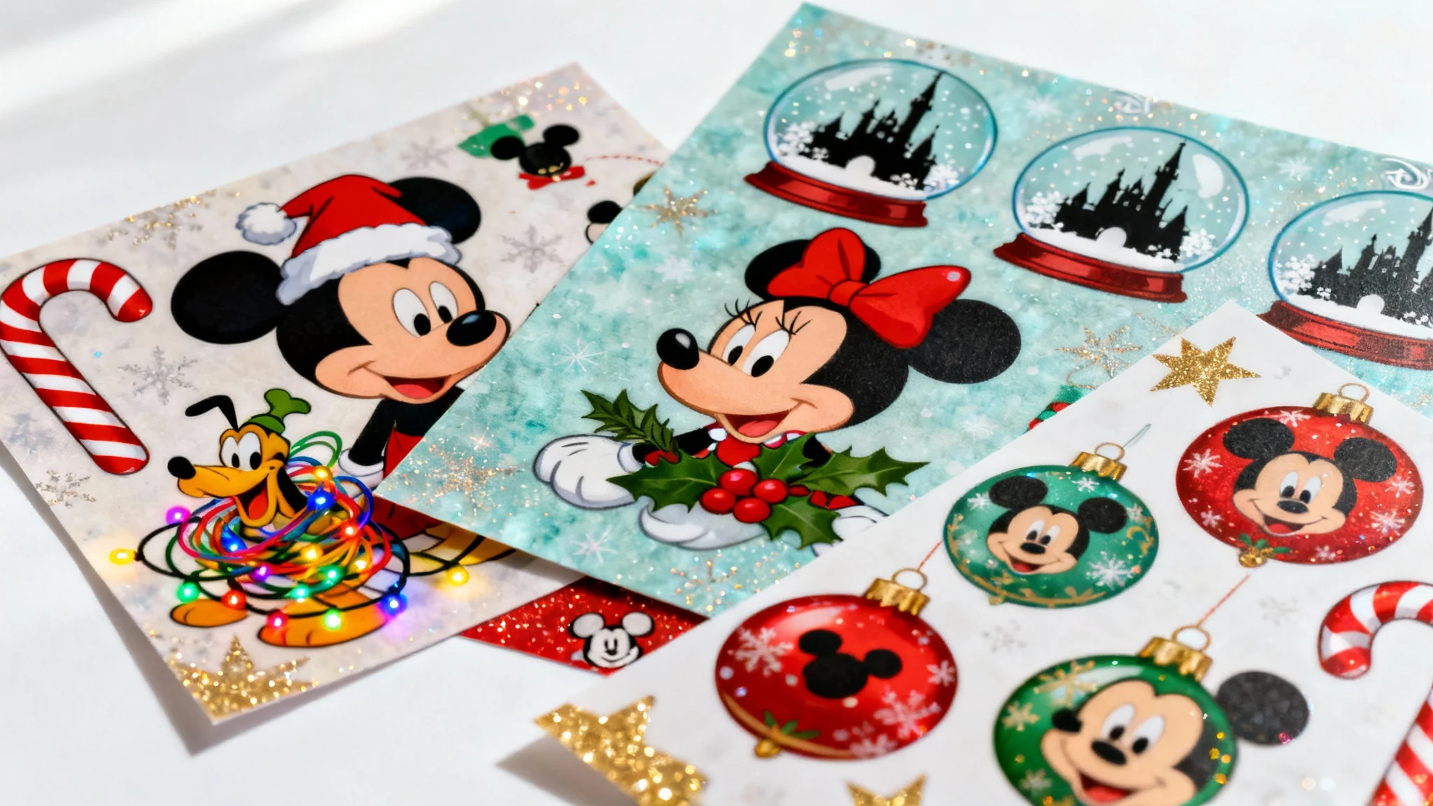A festive flat lay of several sheets of Disney Christmas scrapbook paper, featuring patterns with Mickey Mouse, Minnie Mouse, snowflakes, and other holiday designs on a clean white background.