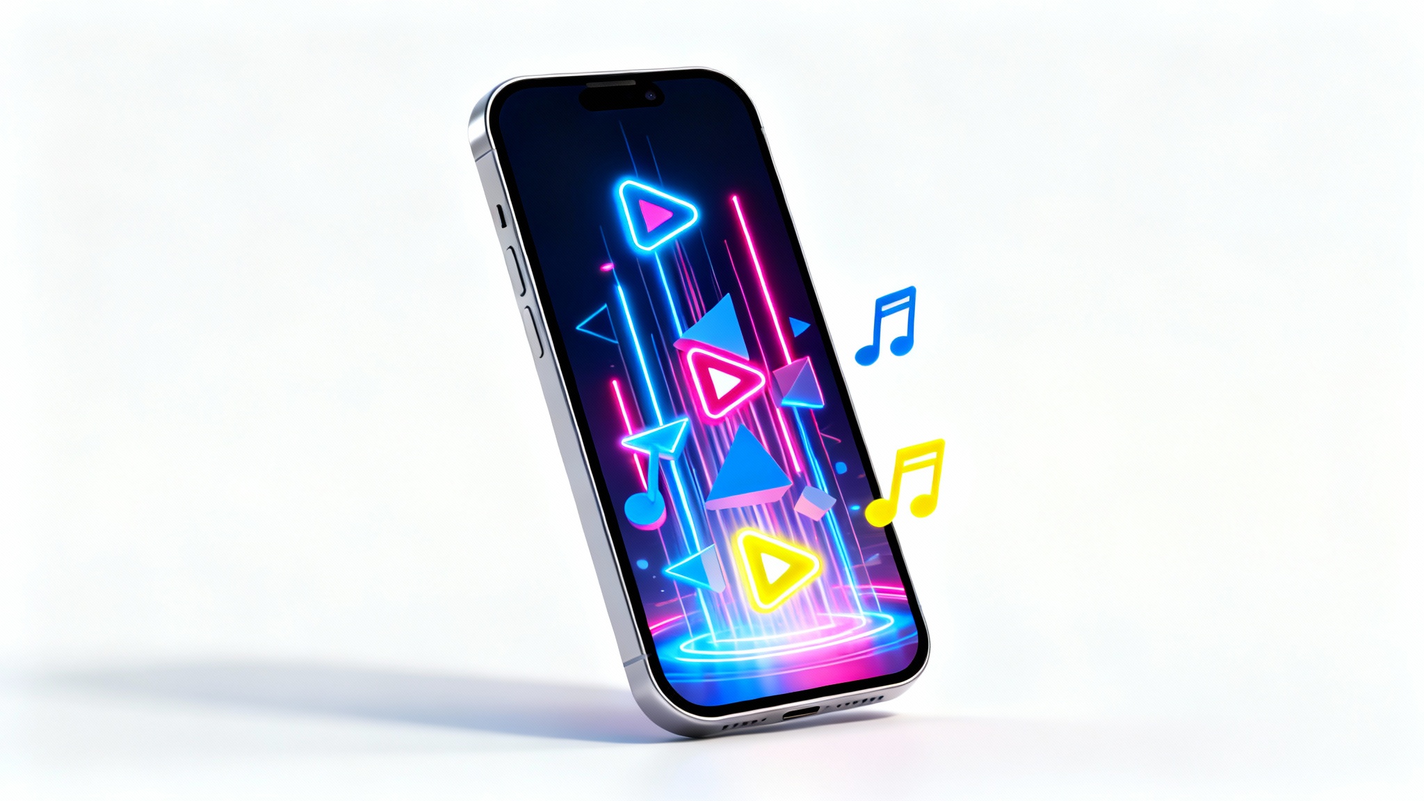 A 3D mockup of a modern smartphone against a white background, with a vibrant explosion of colorful abstract shapes, icons, and light trails coming out of the screen, representing the creative process of editing YouTube shorts.